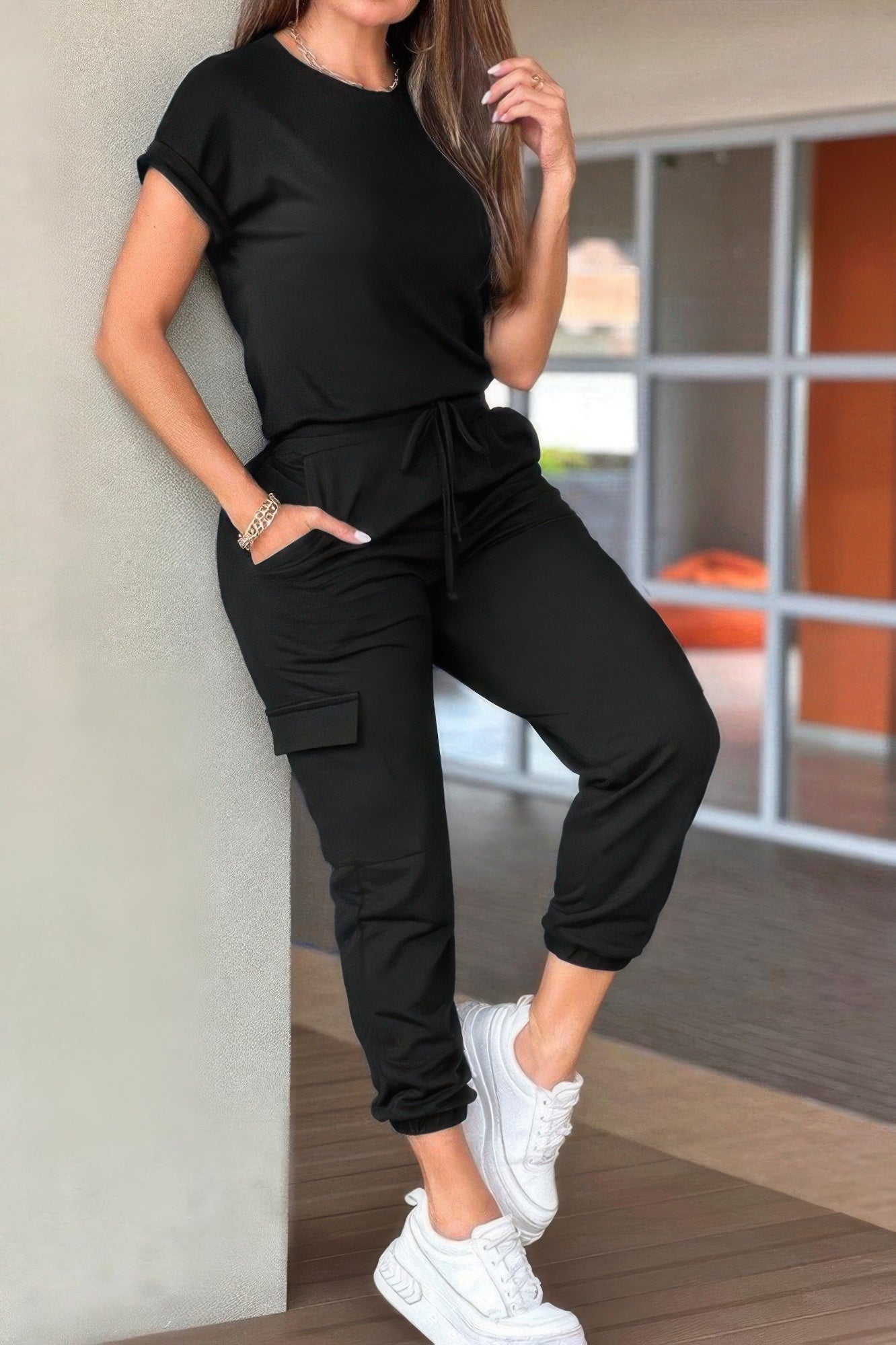 Crew Neck Short Sleeve Drawstring Waist Jumpsuit - It's a Girly Place