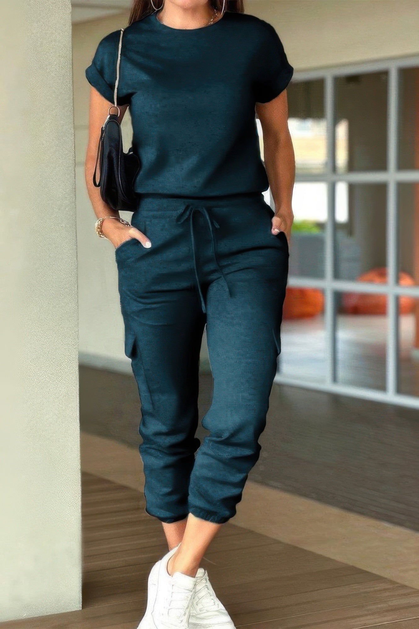 Crew Neck Short Sleeve Drawstring Waist Jumpsuit - It's a Girly Place