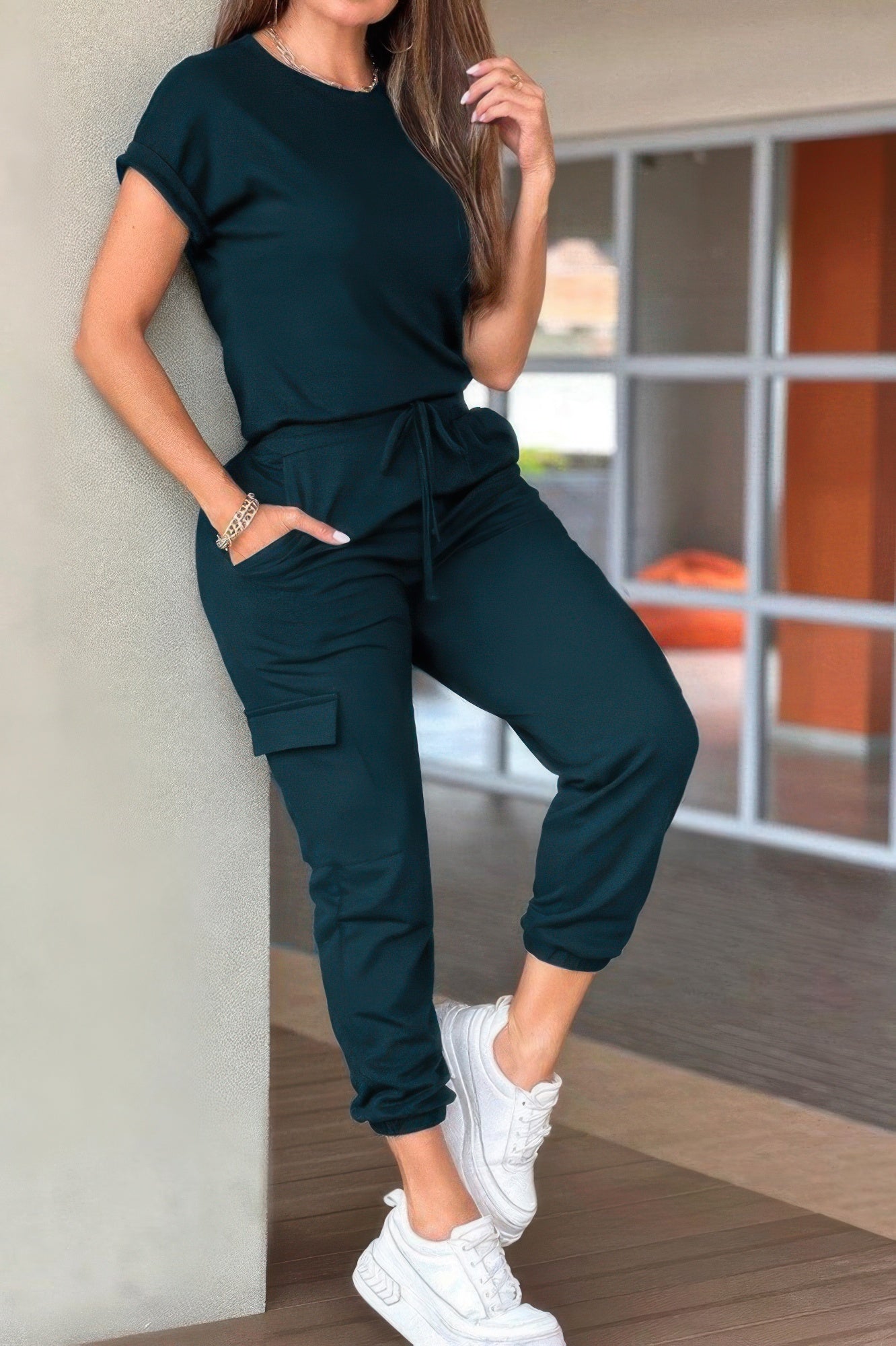 Crew Neck Short Sleeve Drawstring Waist Jumpsuit - It's a Girly Place