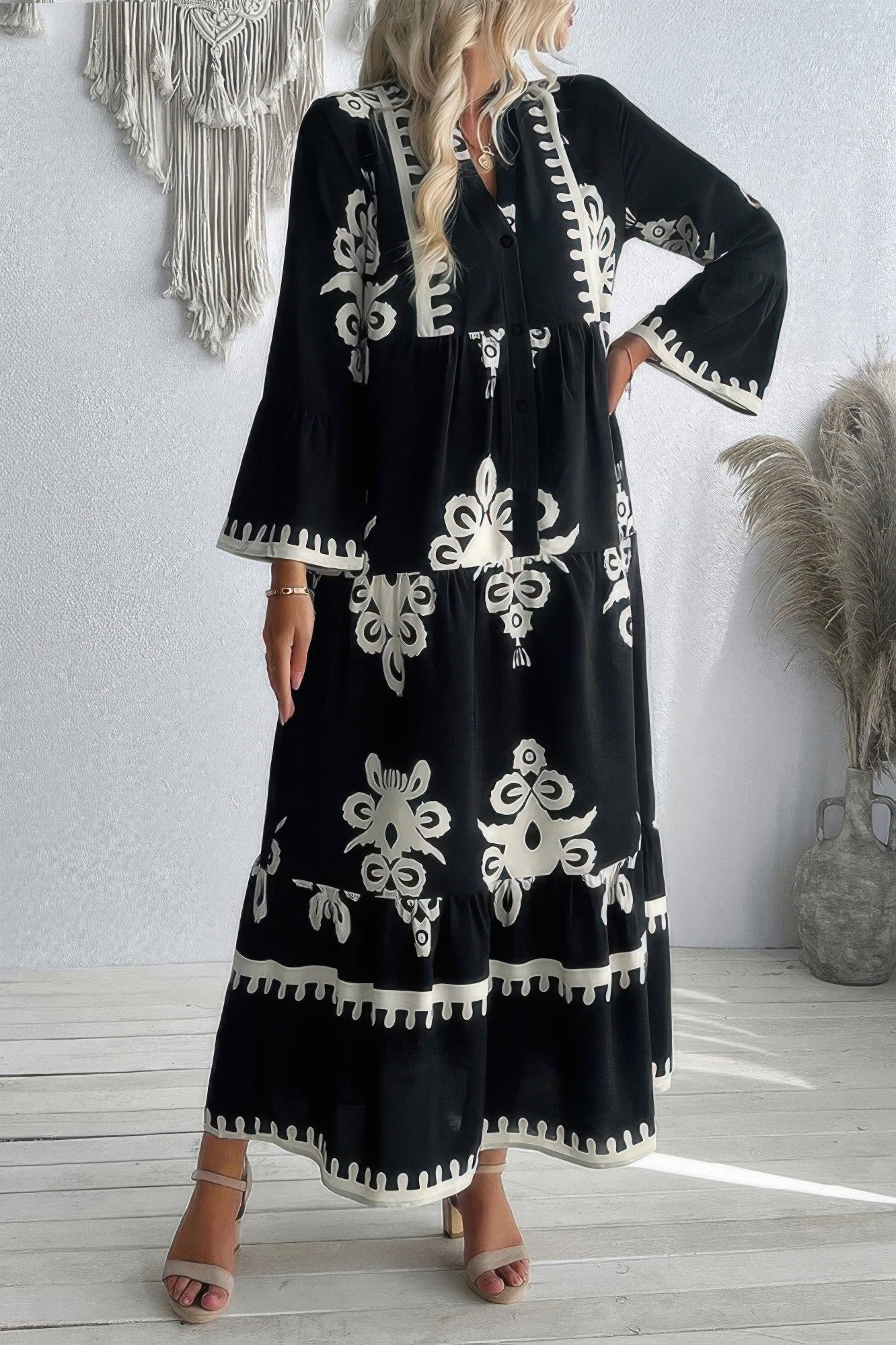 V Neck Stand Collar Button Floral Splicing Dress - It's a Girly Place