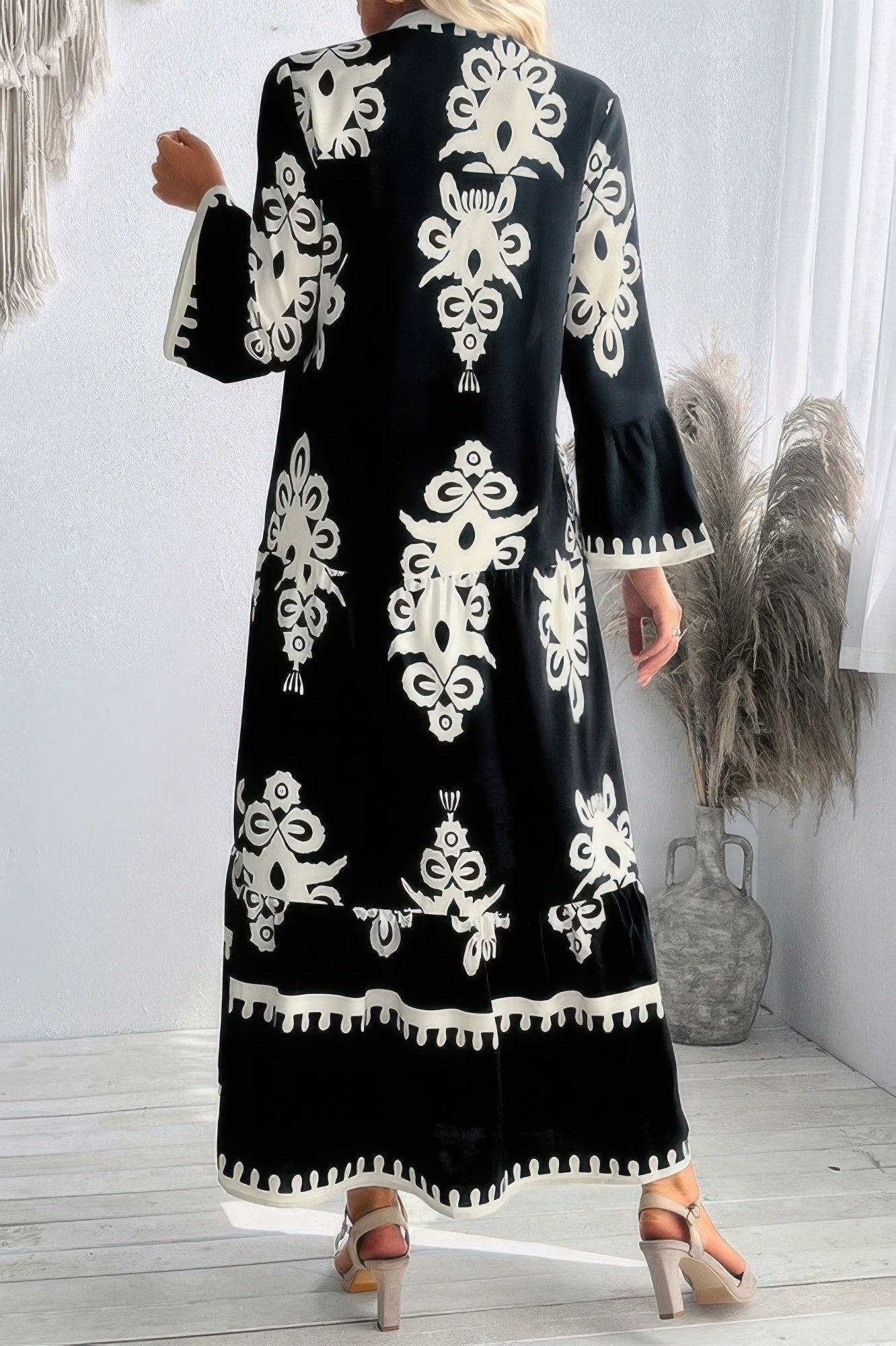 V Neck Stand Collar Button Floral Splicing Dress - It's a Girly Place