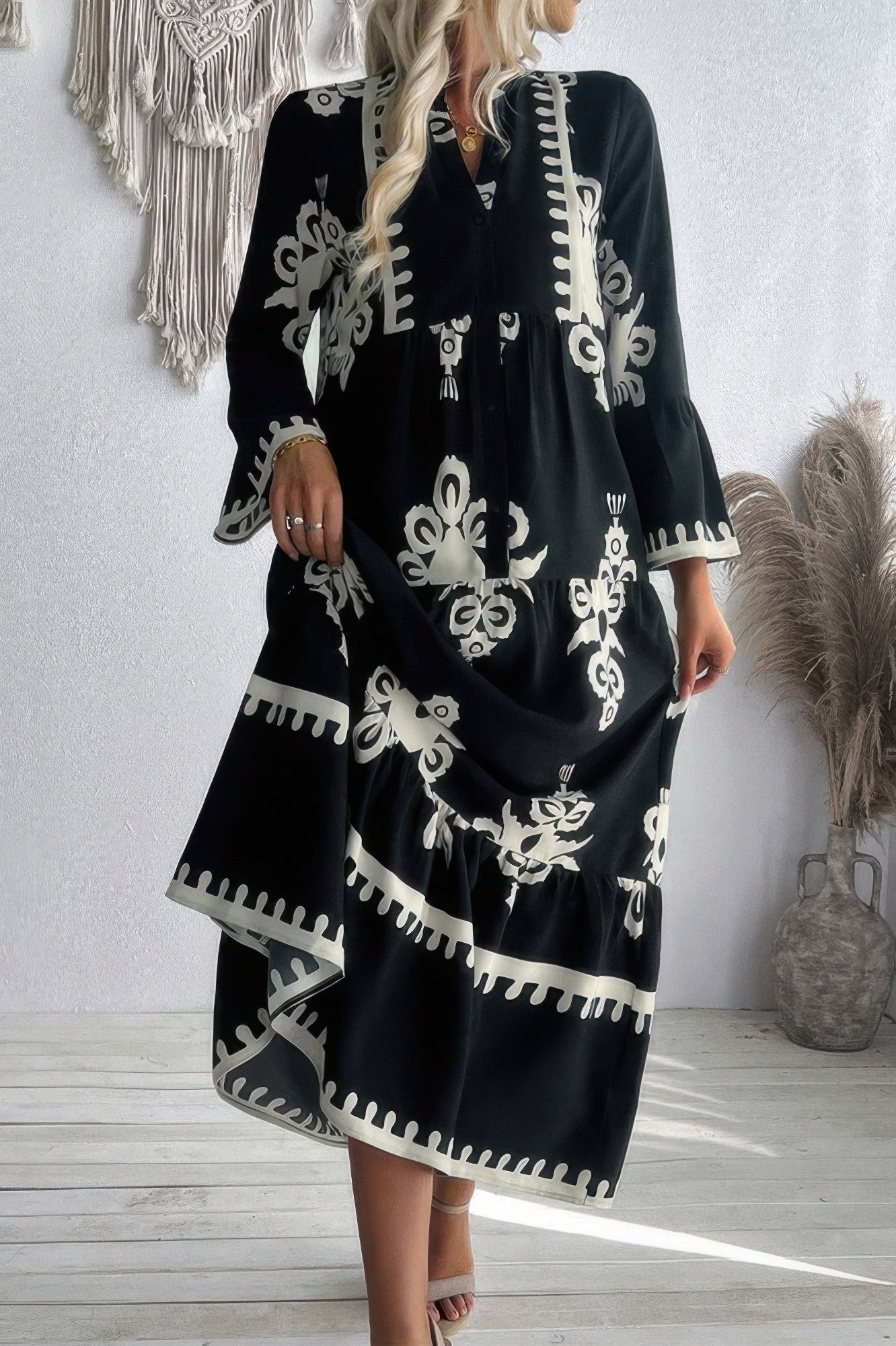 V Neck Stand Collar Button Floral Splicing Dress - It's a Girly Place