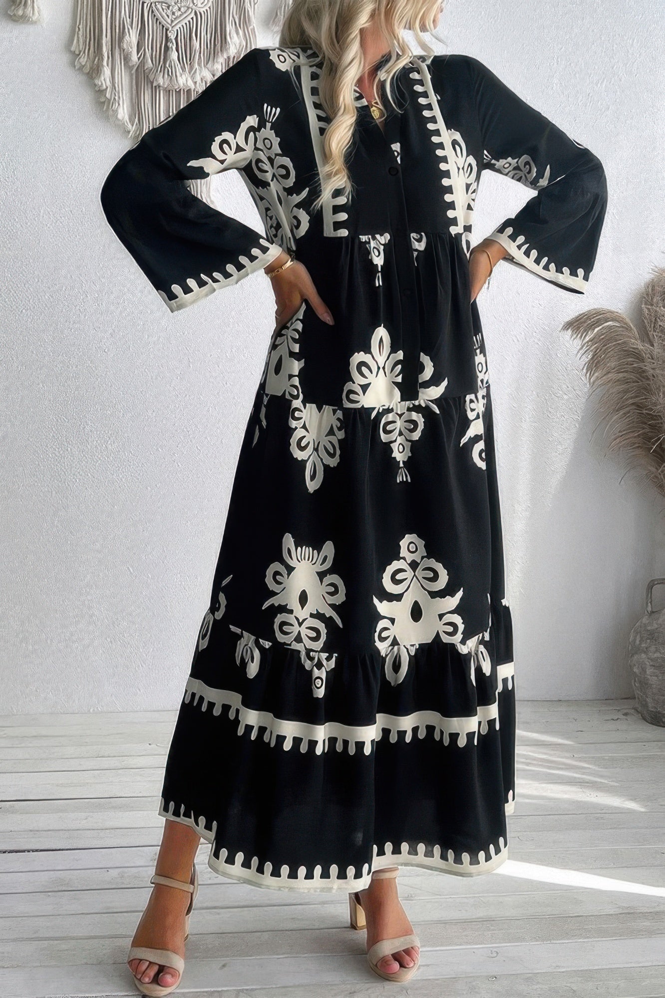 V Neck Stand Collar Button Floral Splicing Dress - It's a Girly Place