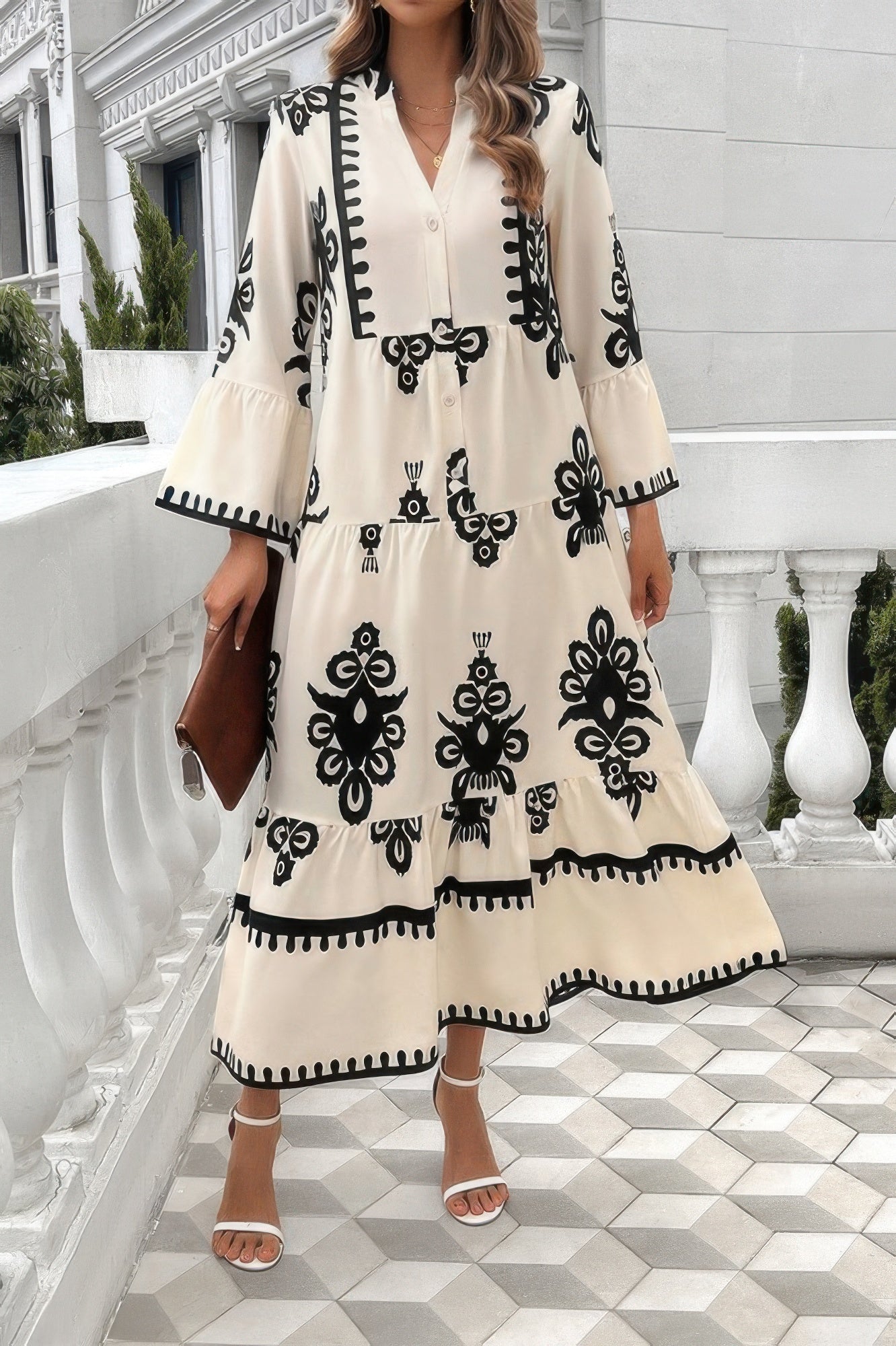 V Neck Stand Collar Button Floral Splicing Dress - It's a Girly Place