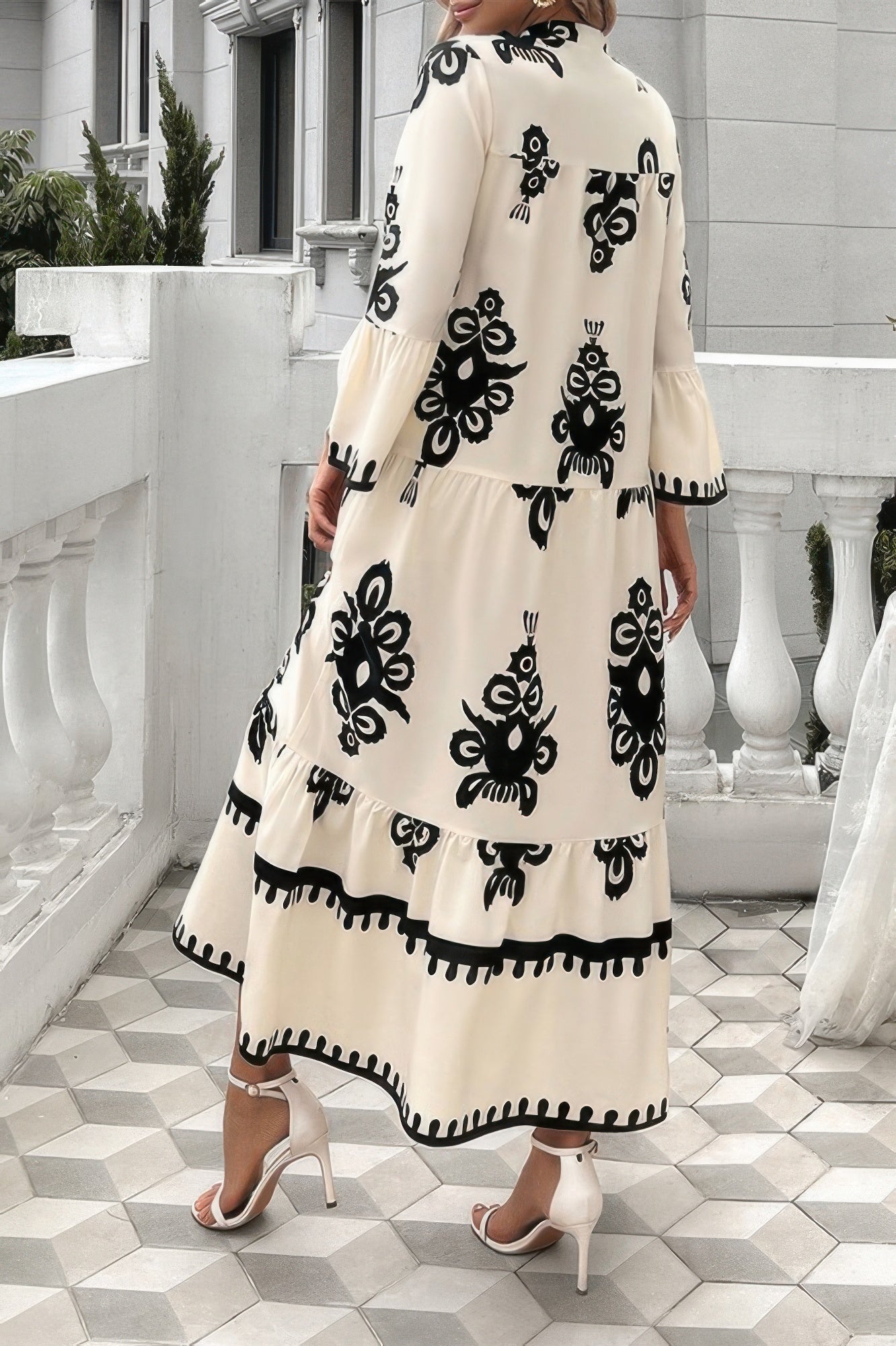 V Neck Stand Collar Button Floral Splicing Dress - It's a Girly Place