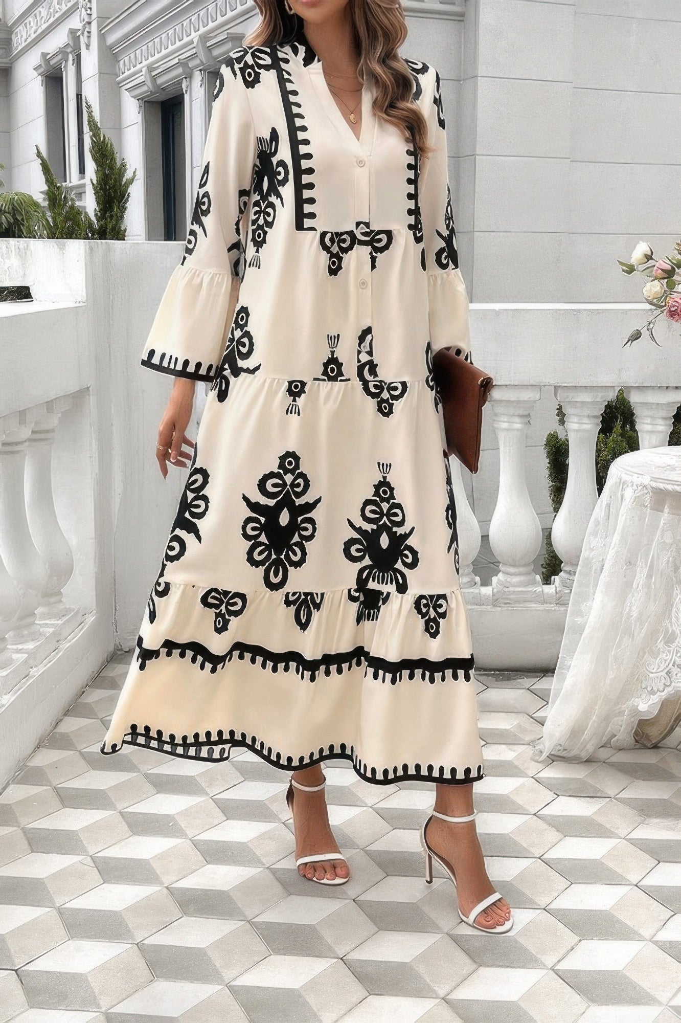 V Neck Stand Collar Button Floral Splicing Dress - It's a Girly Place