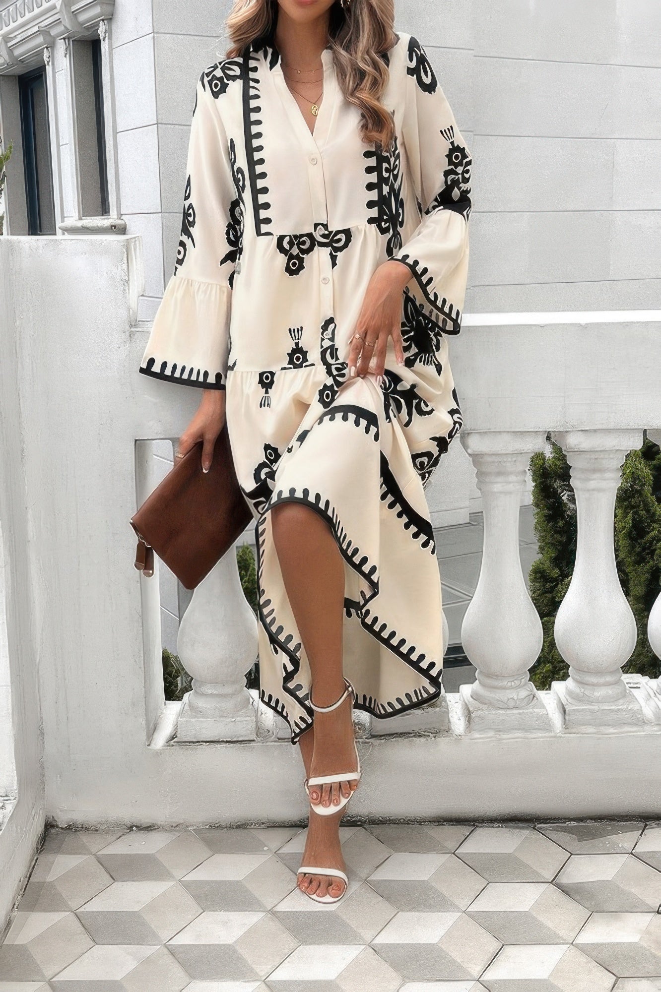 V Neck Stand Collar Button Floral Splicing Dress - It's a Girly Place