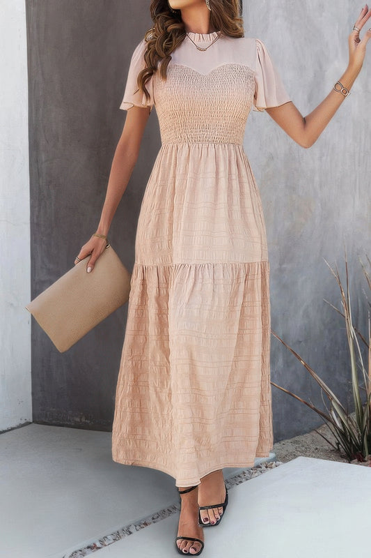 Ruffle Sleeve And Hem Top Shirred Crew Neck Dress - It's a Girly Place