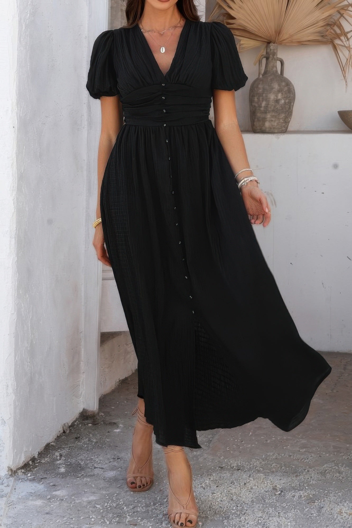 Solid V Neck Puff Sleeves Solid Knot Detail Dress - It's a Girly Place