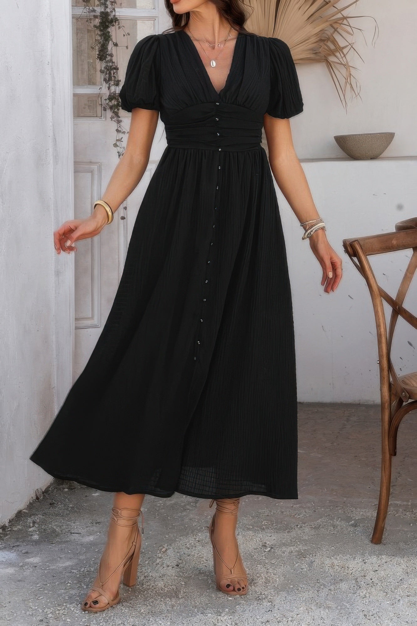 Solid V Neck Puff Sleeves Solid Knot Detail Dress - It's a Girly Place