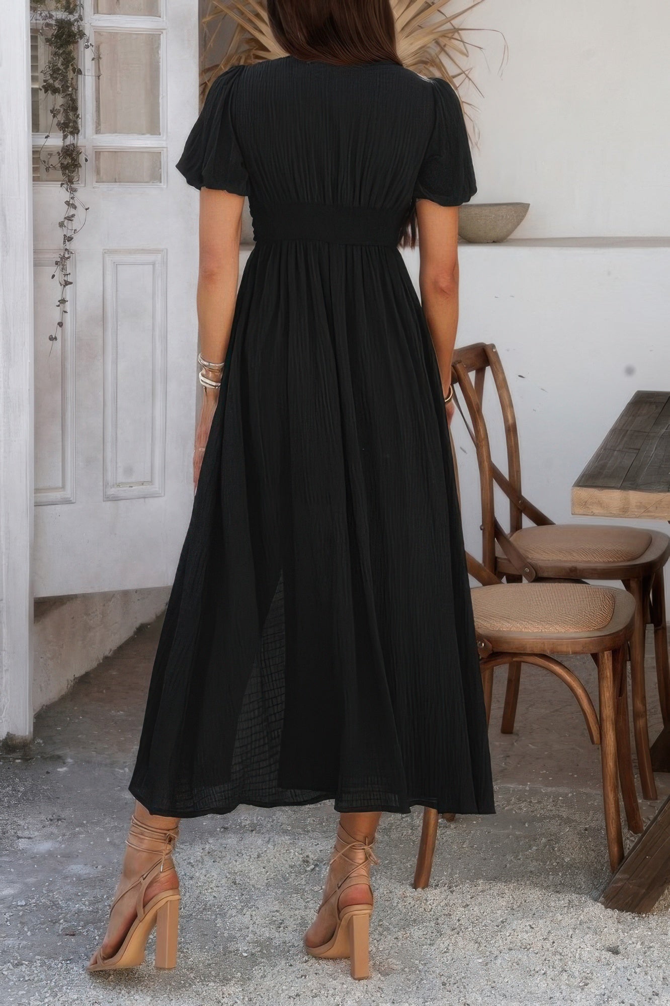Solid V Neck Puff Sleeves Solid Knot Detail Dress - It's a Girly Place