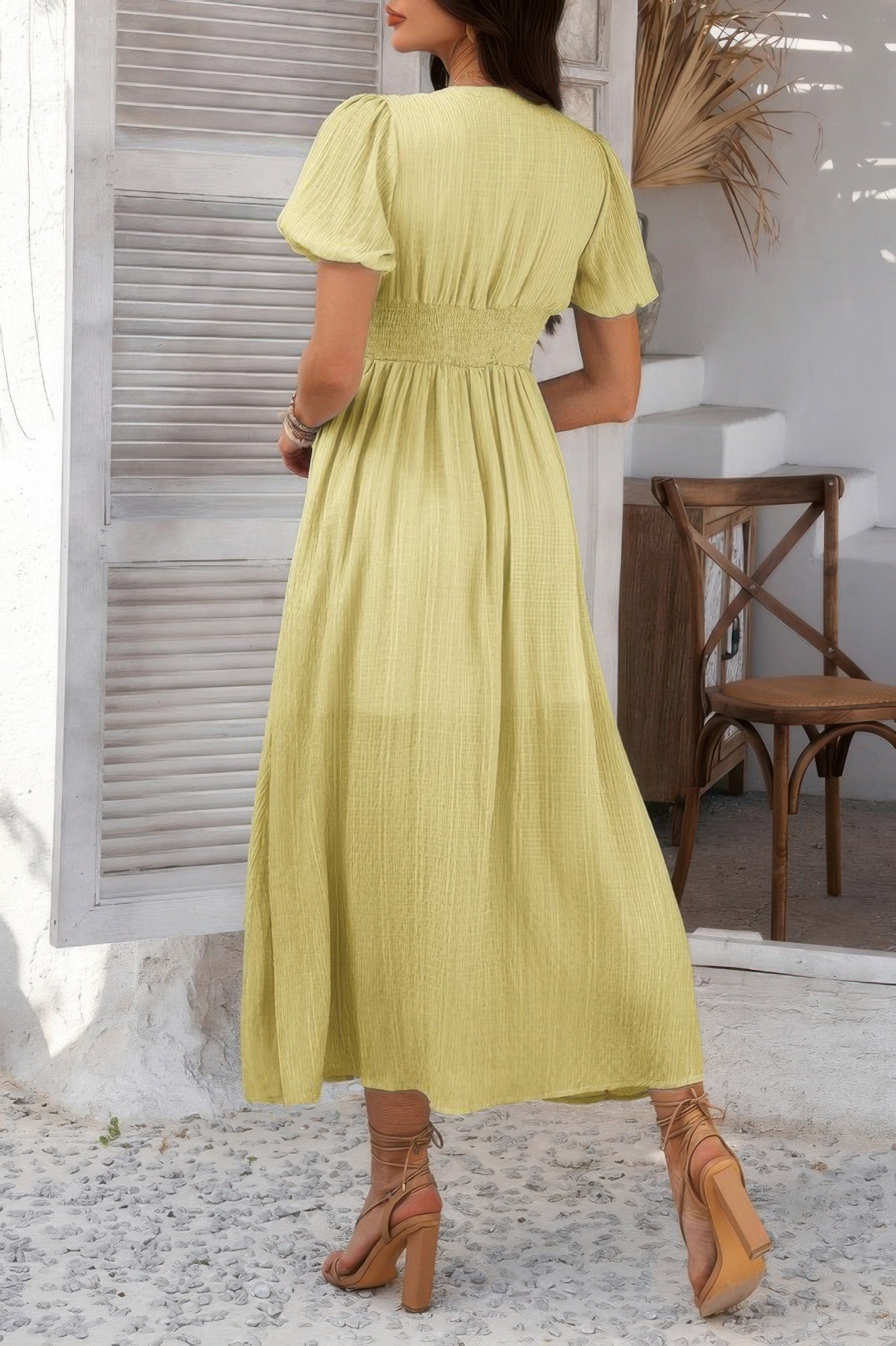 Solid V Neck Puff Sleeves Solid Knot Detail Dress - It's a Girly Place