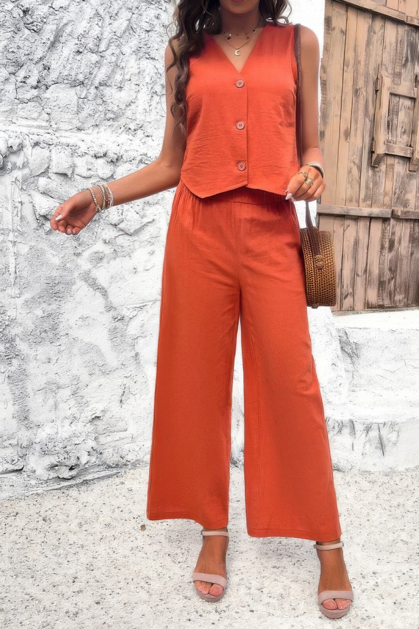 Two Piece Sleeveless Button V Neck Solid Sets - It's a Girly Place