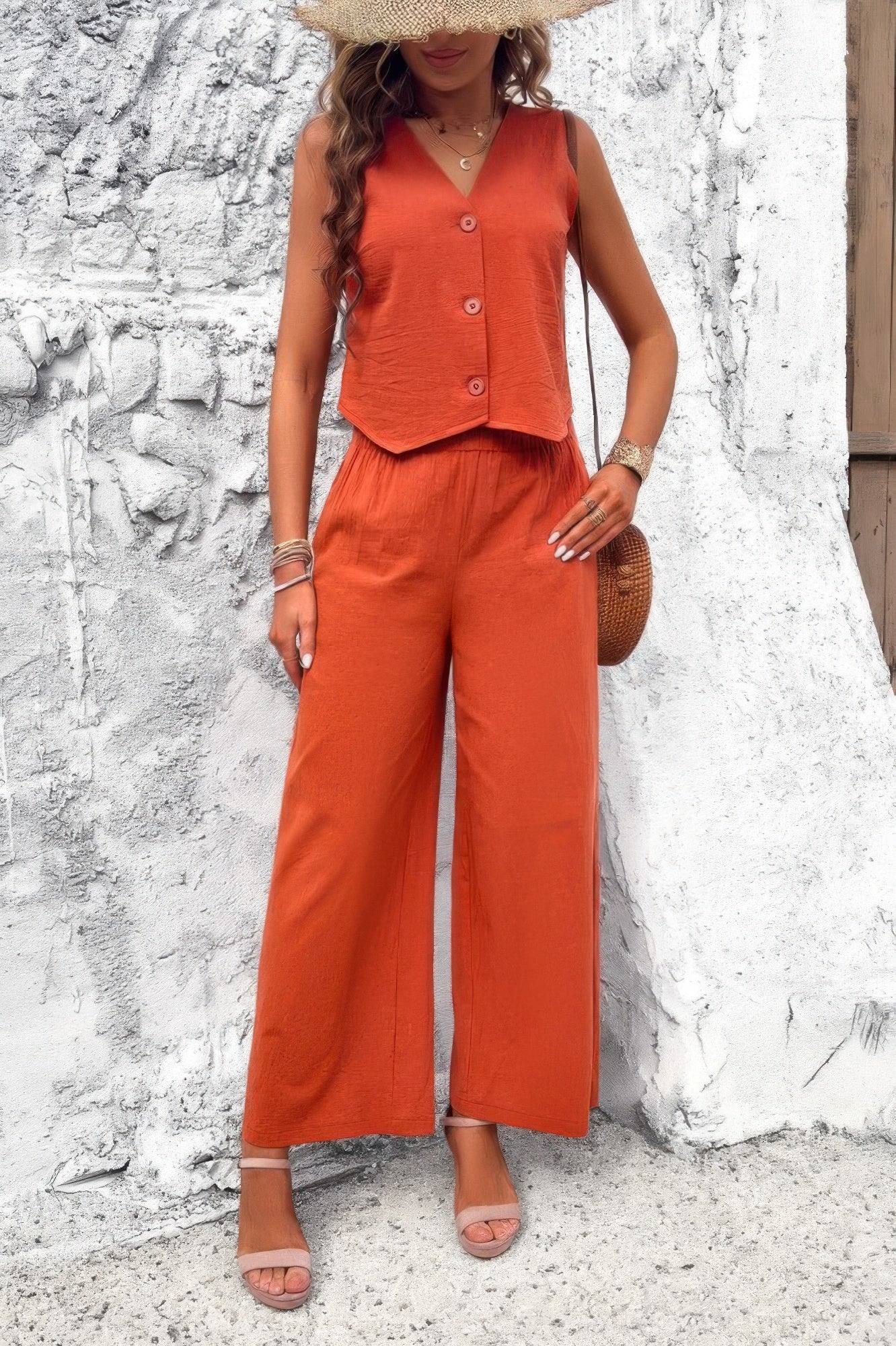 Two Piece Sleeveless Button V Neck Solid Sets - It's a Girly Place