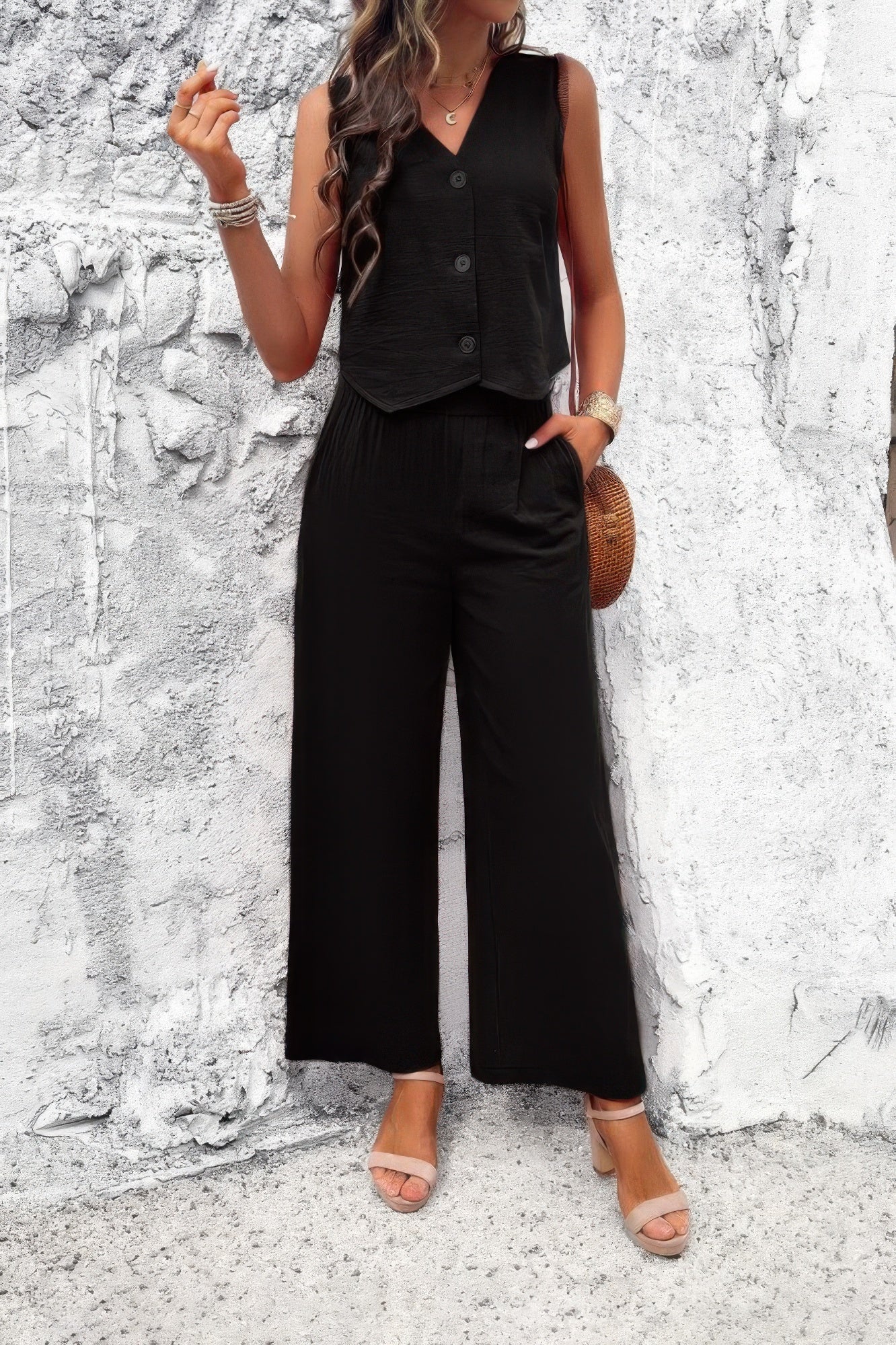 Two Piece Sleeveless Button V Neck Solid Sets - It's a Girly Place