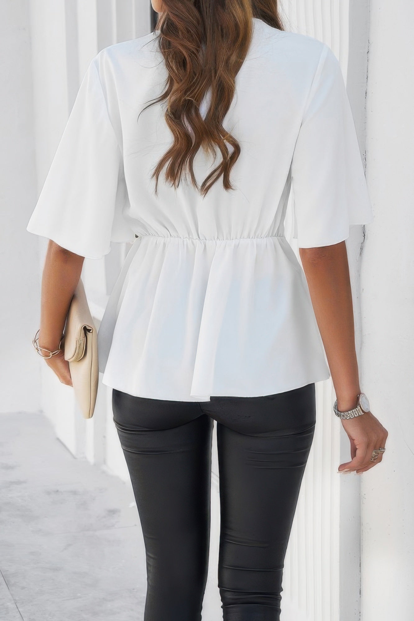 V Neck Peplum Tie Front Short Bell Sleeve Shirt - It's a Girly Place