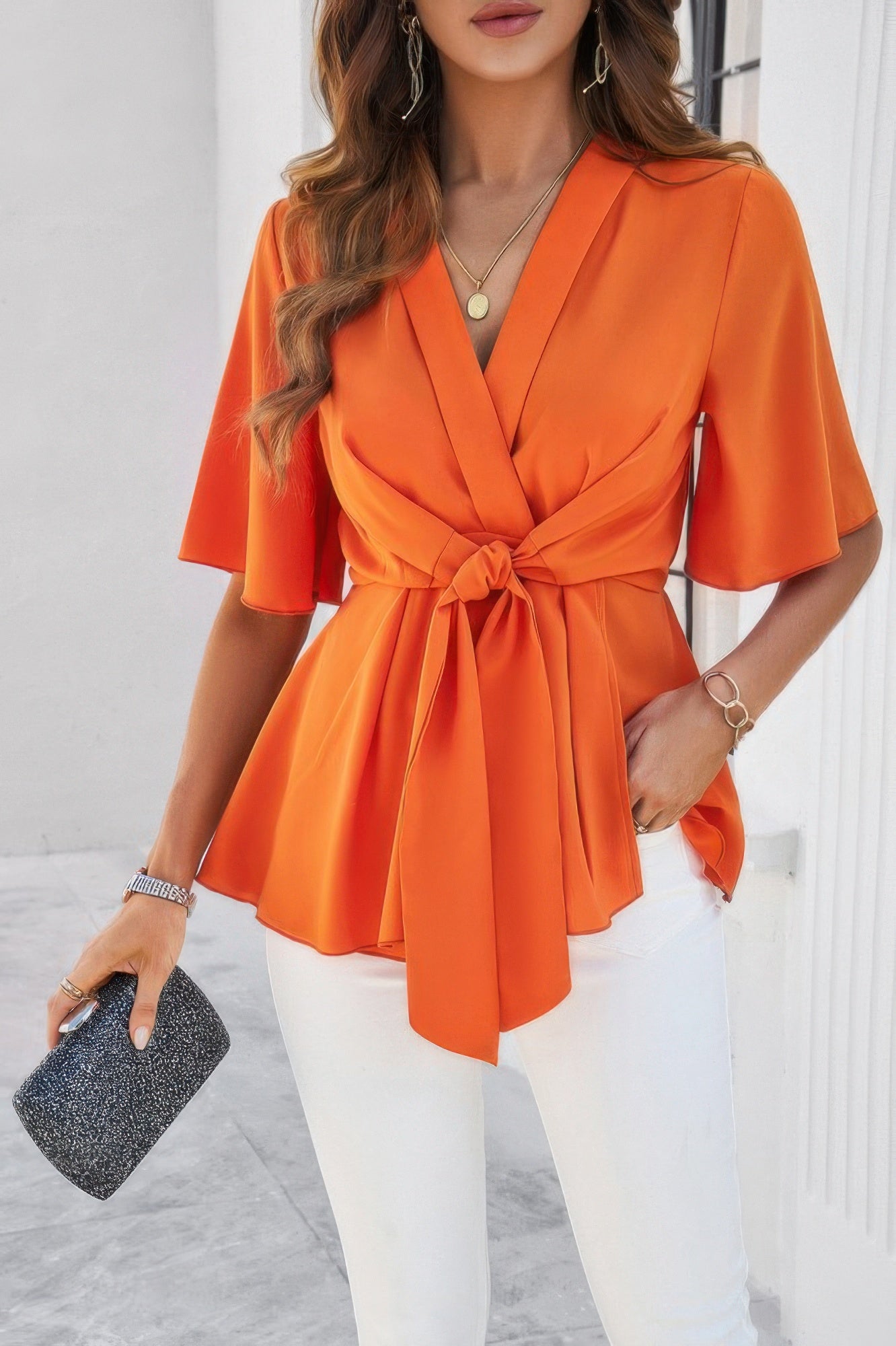 V Neck Peplum Tie Front Short Bell Sleeve Shirt - It's a Girly Place