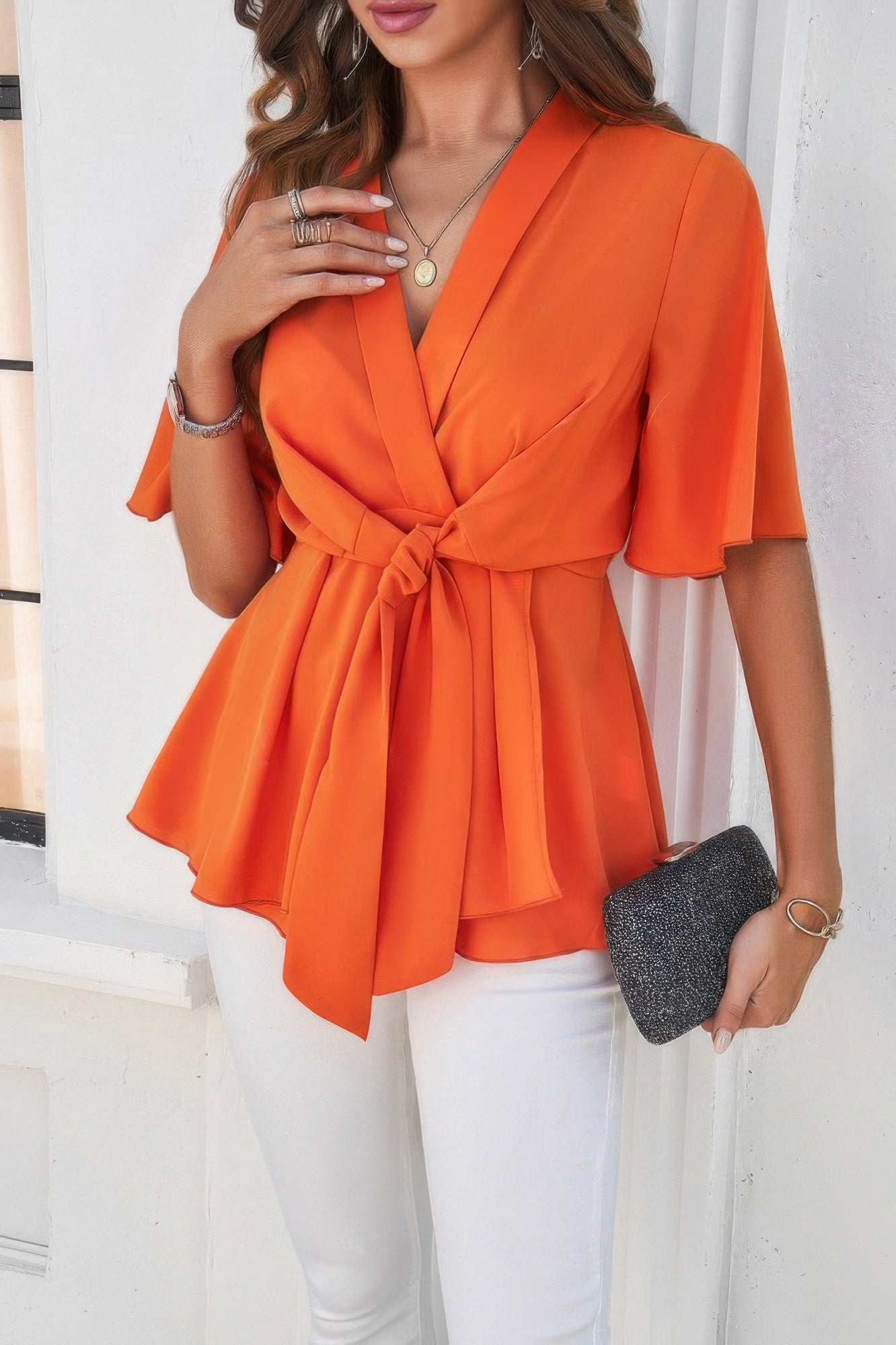 V Neck Peplum Tie Front Short Bell Sleeve Shirt - It's a Girly Place