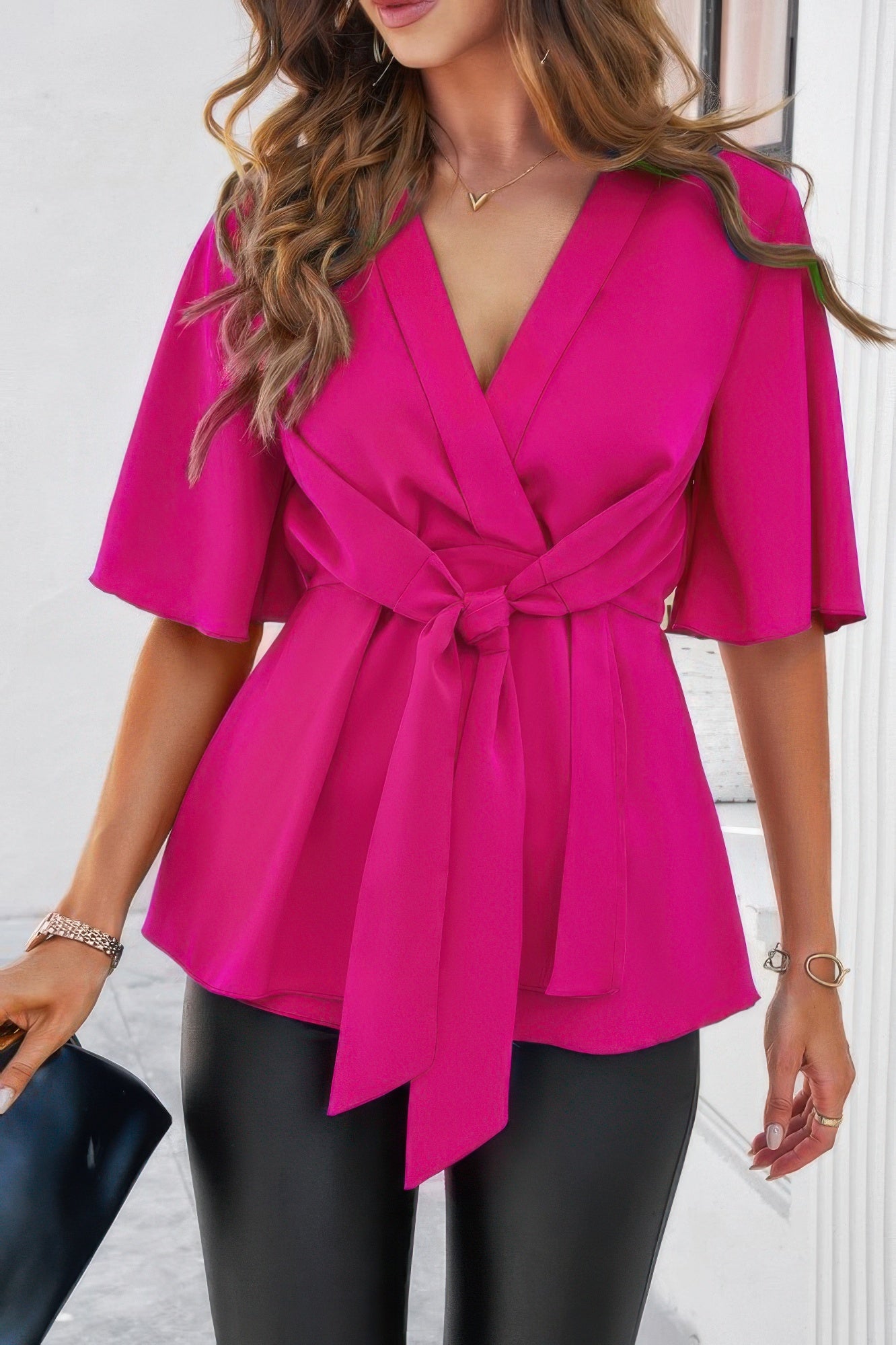 V Neck Peplum Tie Front Short Bell Sleeve Shirt - It's a Girly Place