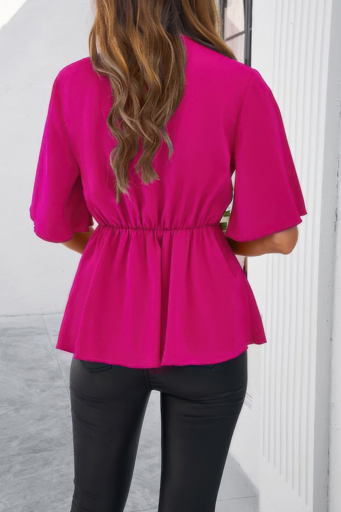 V Neck Peplum Tie Front Short Bell Sleeve Shirt - It's a Girly Place