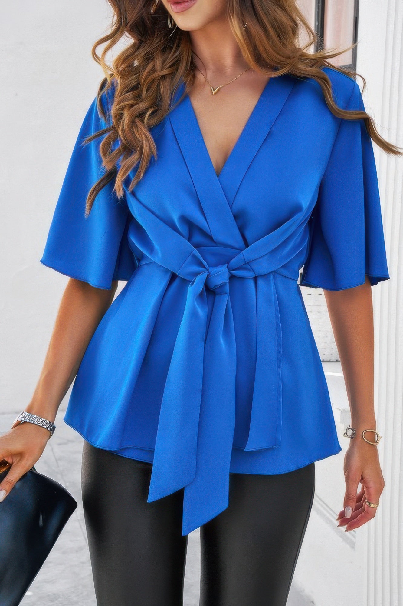 V Neck Peplum Tie Front Short Bell Sleeve Shirt - It's a Girly Place