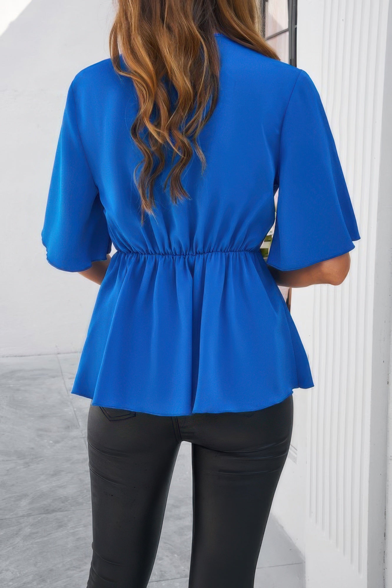 V Neck Peplum Tie Front Short Bell Sleeve Shirt - It's a Girly Place