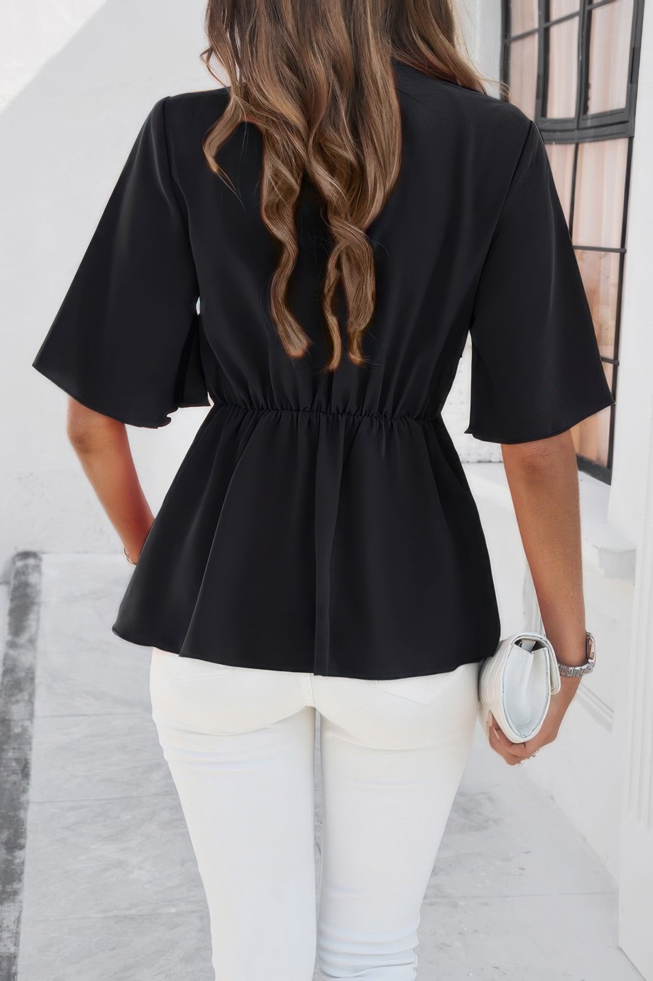 V Neck Peplum Tie Front Short Bell Sleeve Shirt - It's a Girly Place