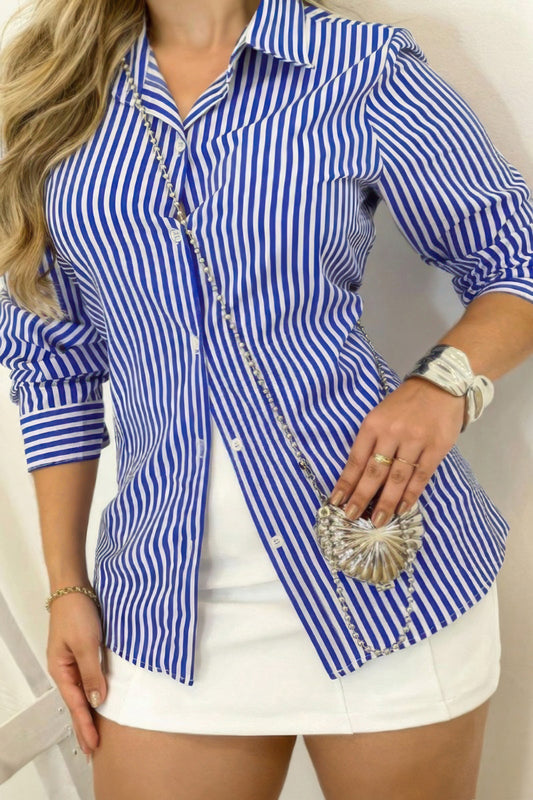 Plus Strip Button Up Fit Front Open Blouse - It's a Girly Place