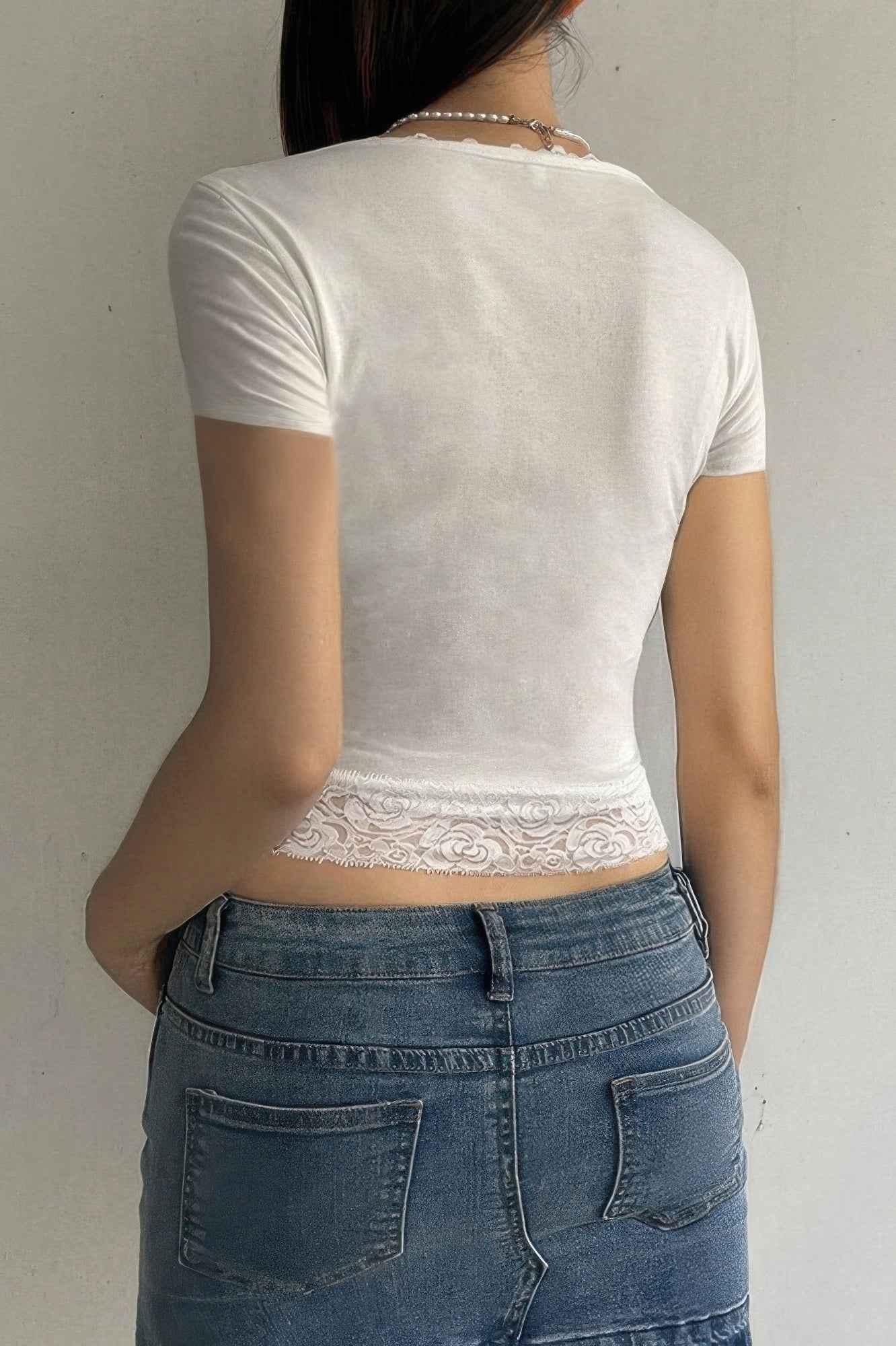 Square Neck Lace Trim High Waist Tee