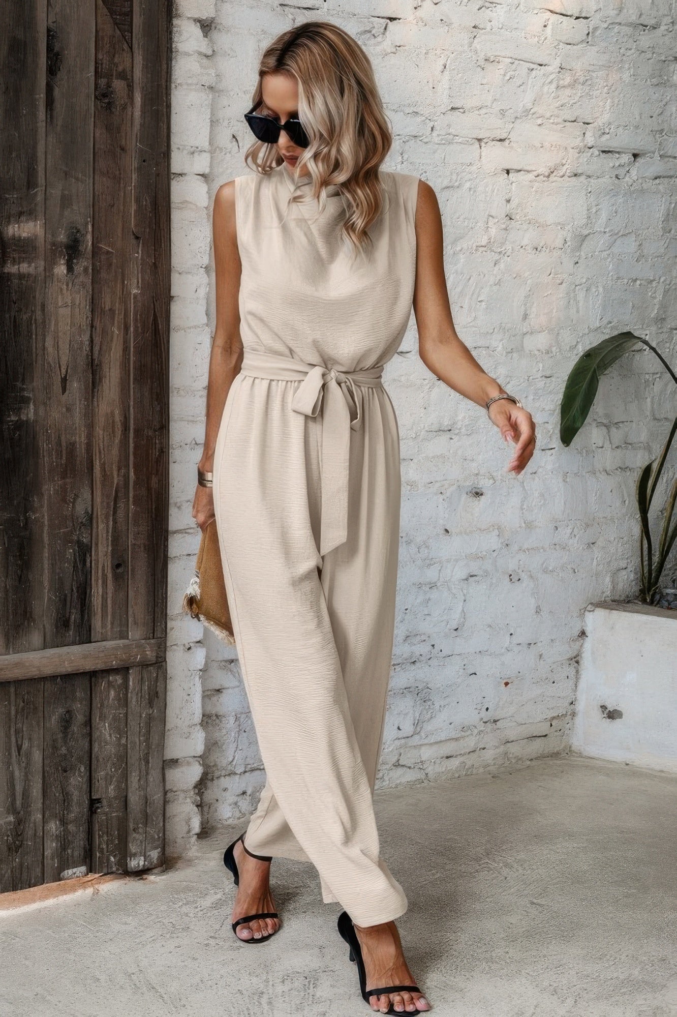 Solid Sleeveless Cut Out Back Belted Jumpsuit - It's a Girly Place