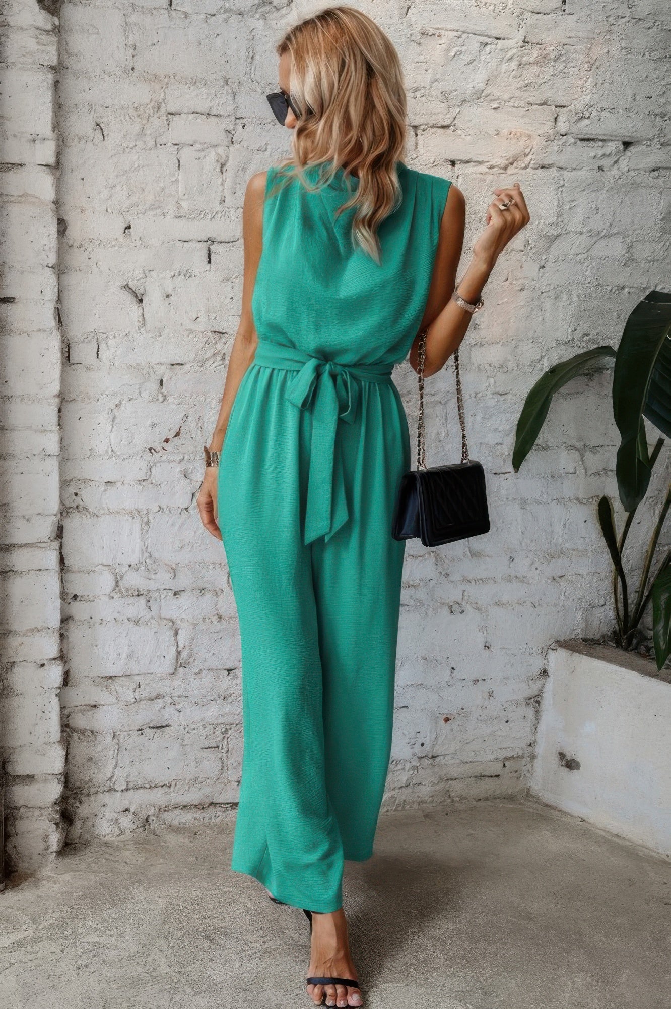 Solid Sleeveless Cut Out Back Belted Jumpsuit - It's a Girly Place