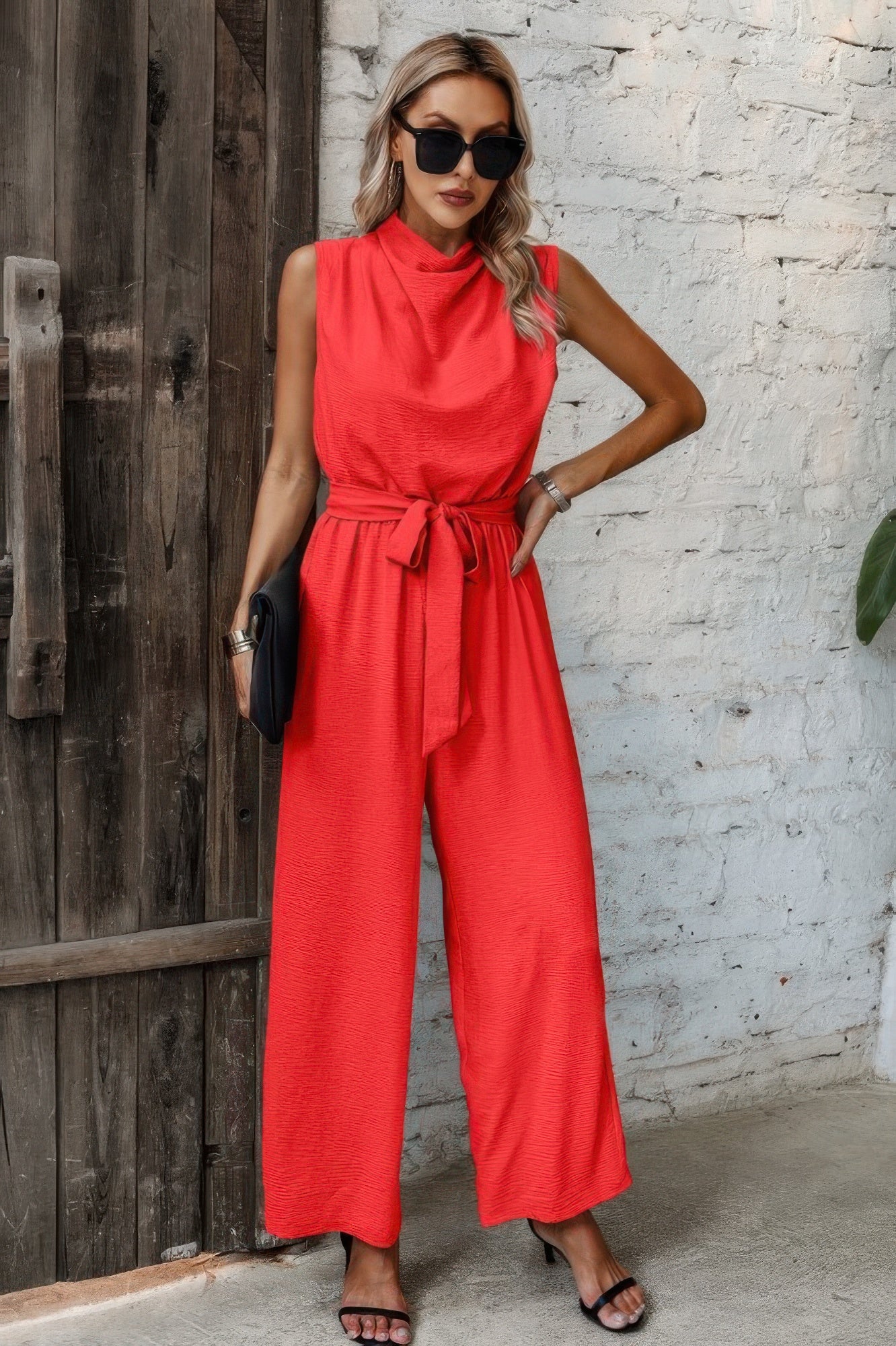 Solid Sleeveless Cut Out Back Belted Jumpsuit - It's a Girly Place