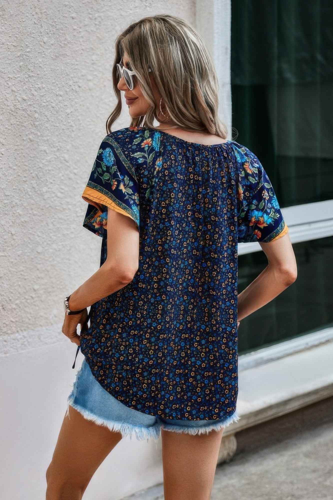 Floral Boho Ruffle V Neck Short Sleeve Loose Shirt