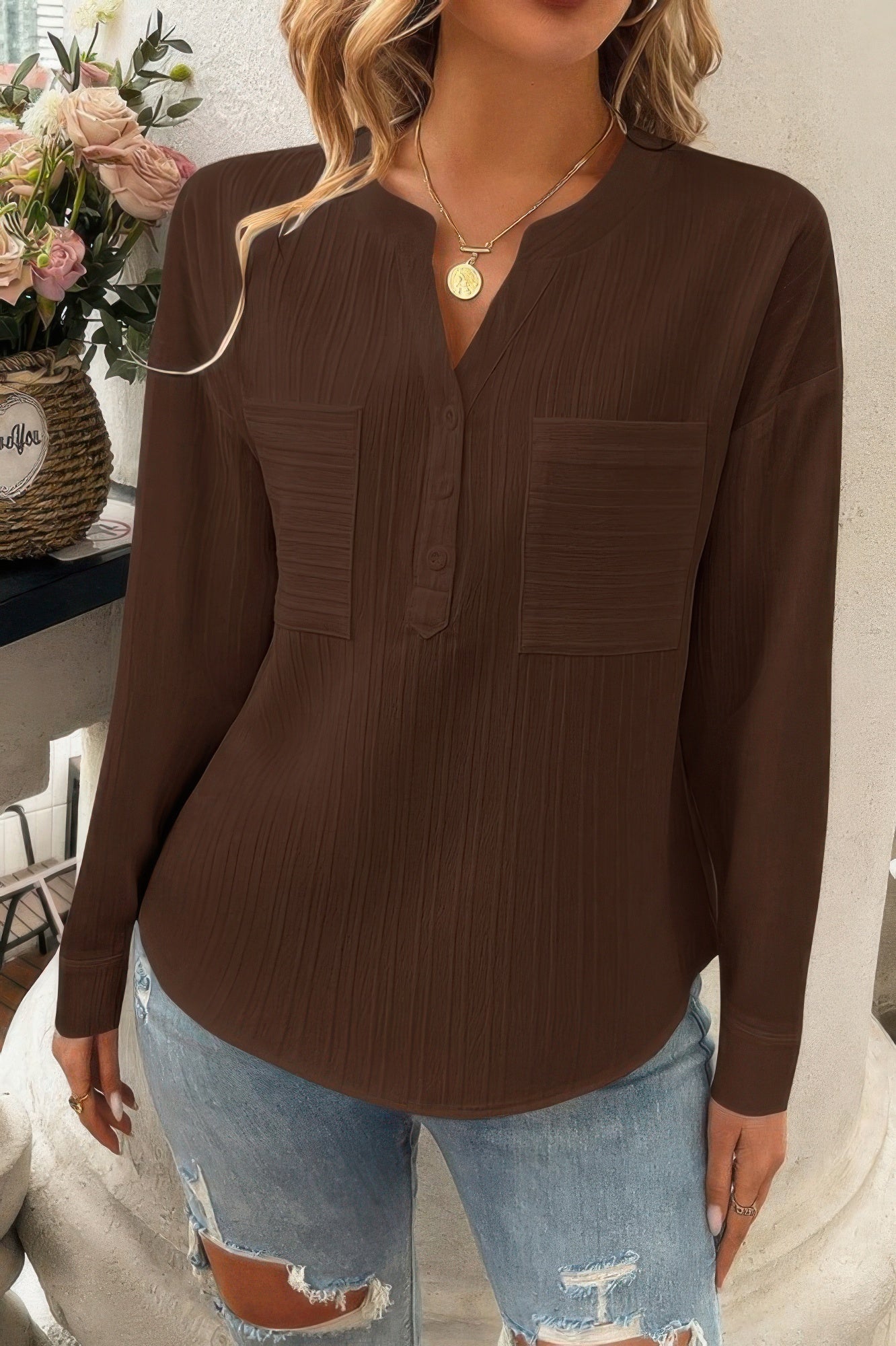 Pleated V Neck Pockets Button Drop Shoulder Blouse - It's a Girly Place