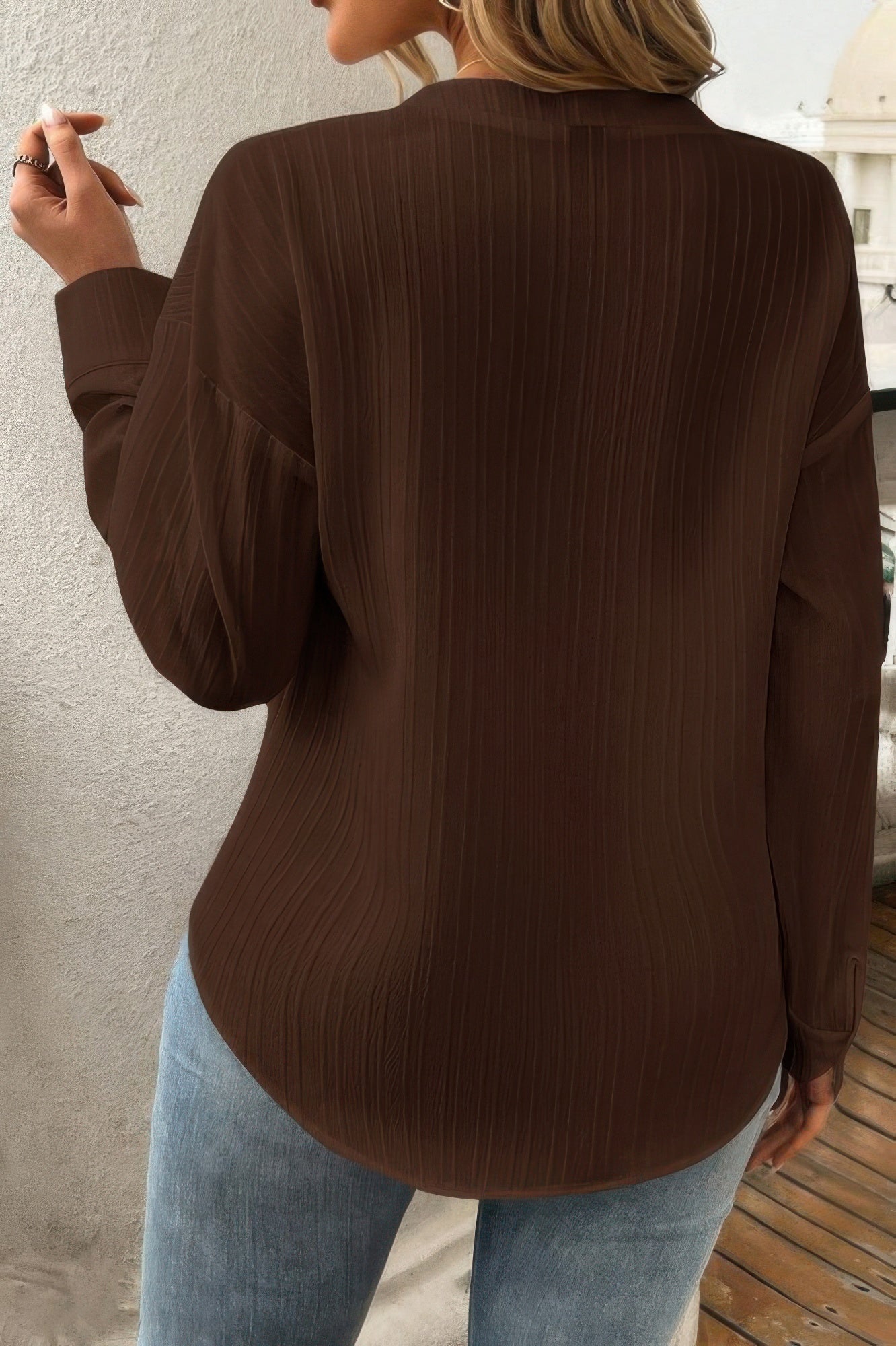 Pleated V Neck Pockets Button Drop Shoulder Blouse - It's a Girly Place