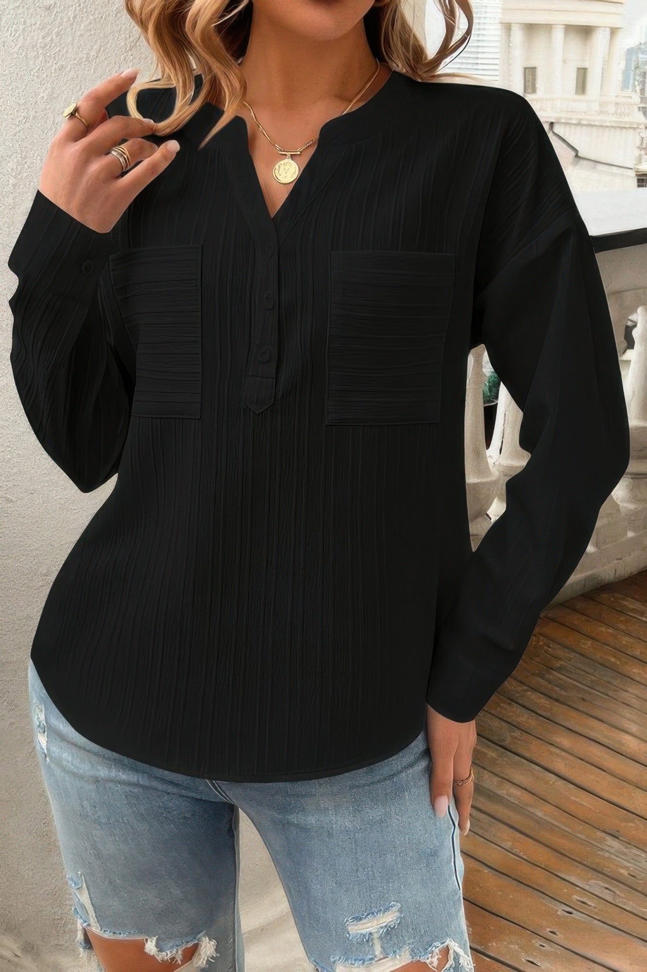 Pleated V Neck Pockets Button Drop Shoulder Blouse - It's a Girly Place