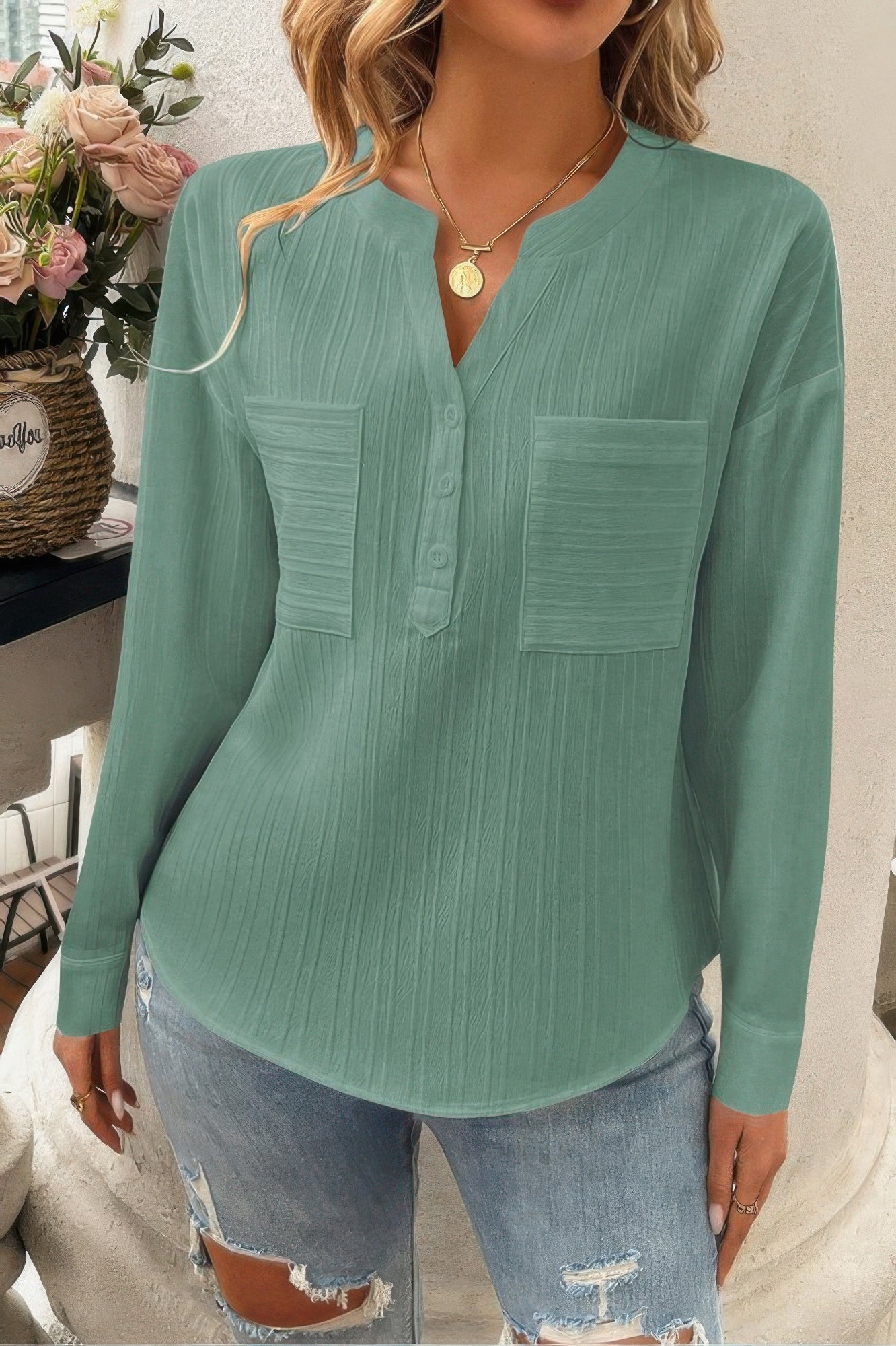 Pleated V Neck Pockets Button Drop Shoulder Blouse - It's a Girly Place