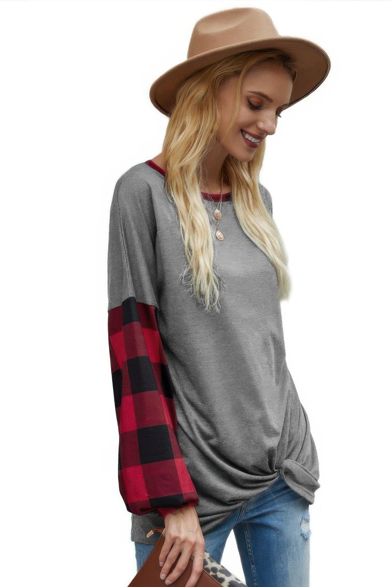 Round Neck Lantern Sleeve Patchwork Pullover - It's a Girly Place