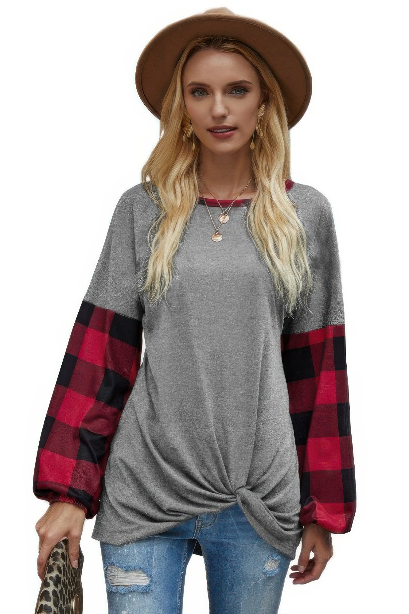 Round Neck Lantern Sleeve Patchwork Pullover - It's a Girly Place