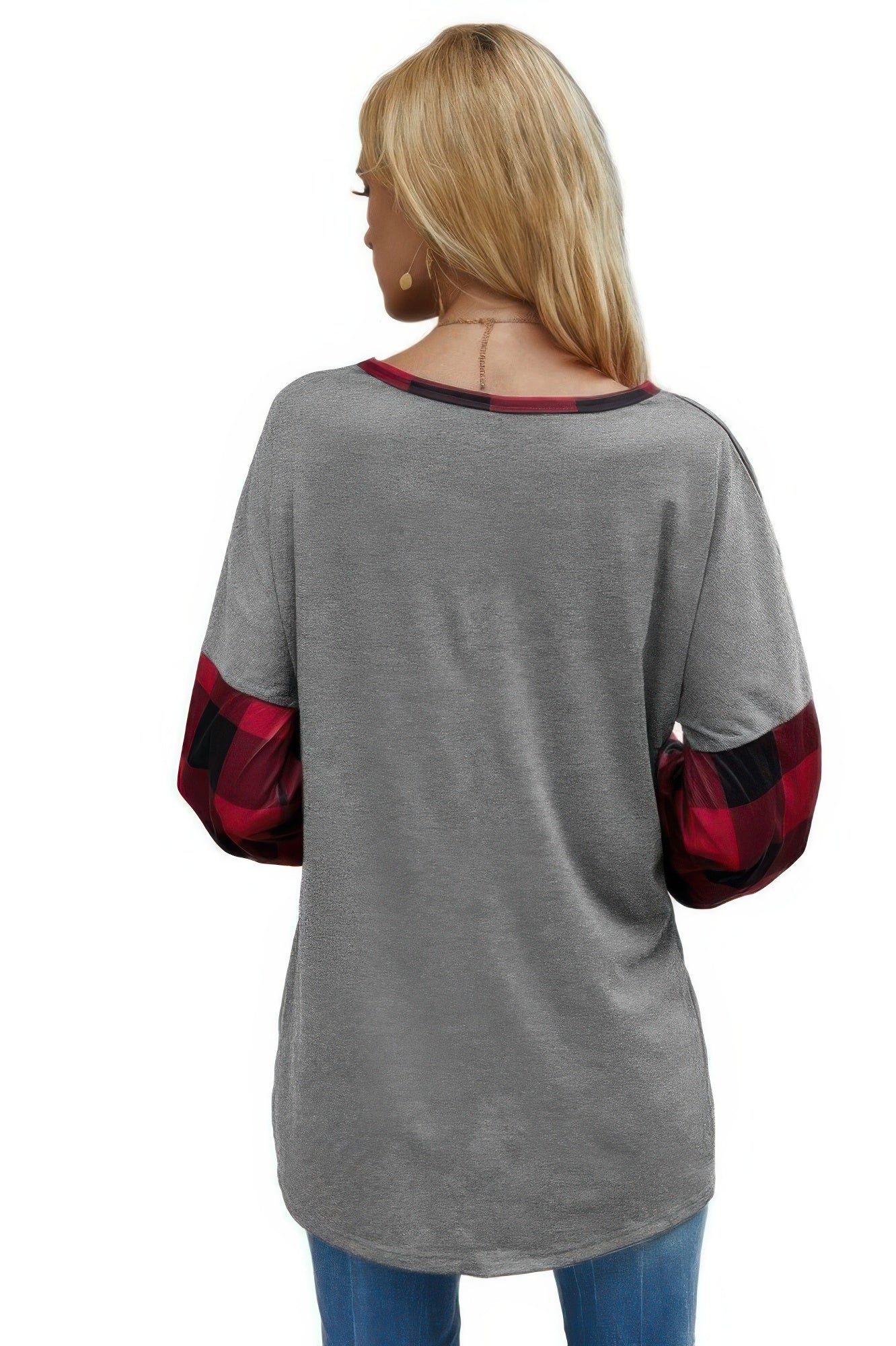 Round Neck Lantern Sleeve Patchwork Pullover - It's a Girly Place
