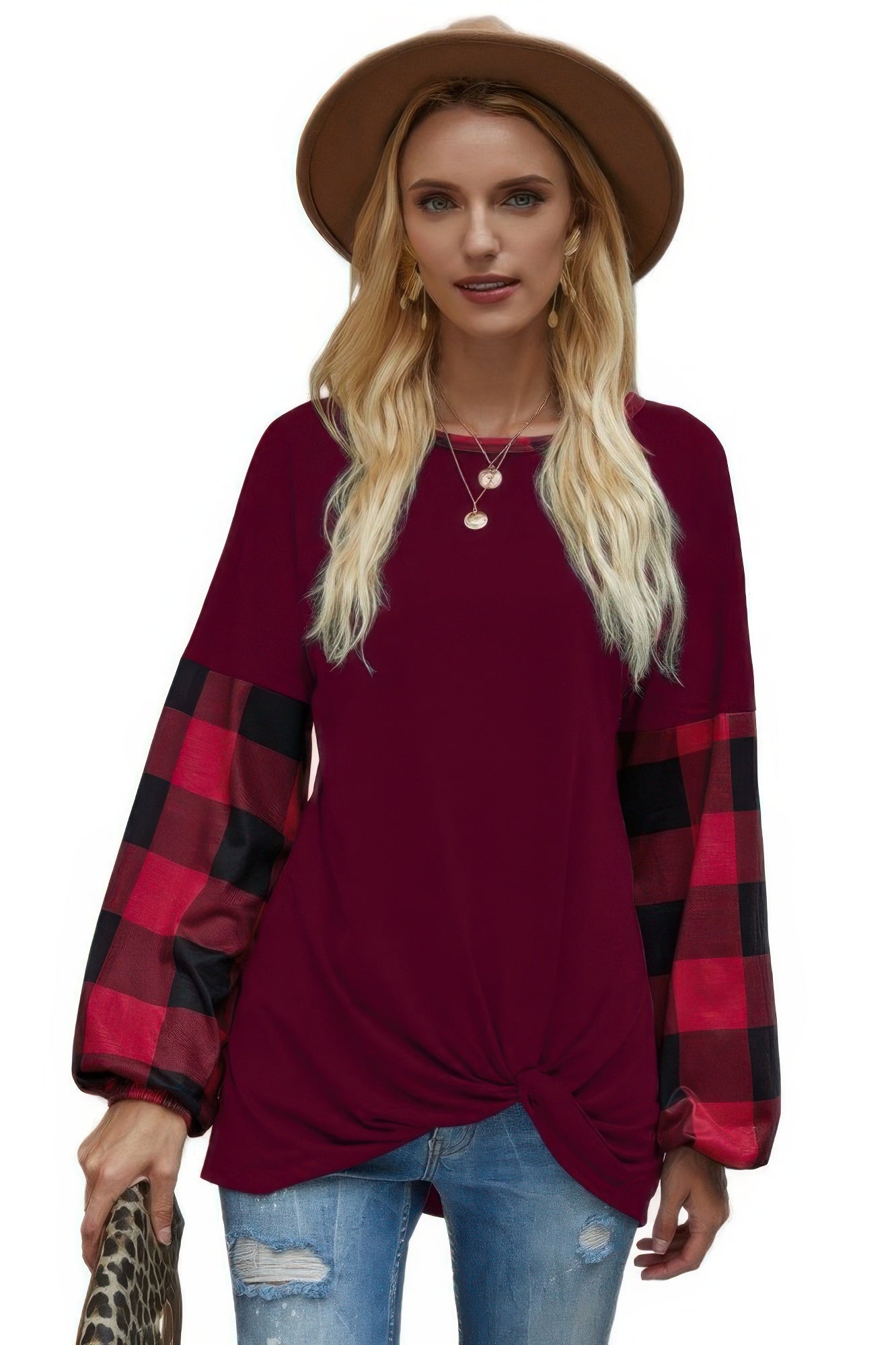 Round Neck Lantern Sleeve Patchwork Pullover - It's a Girly Place