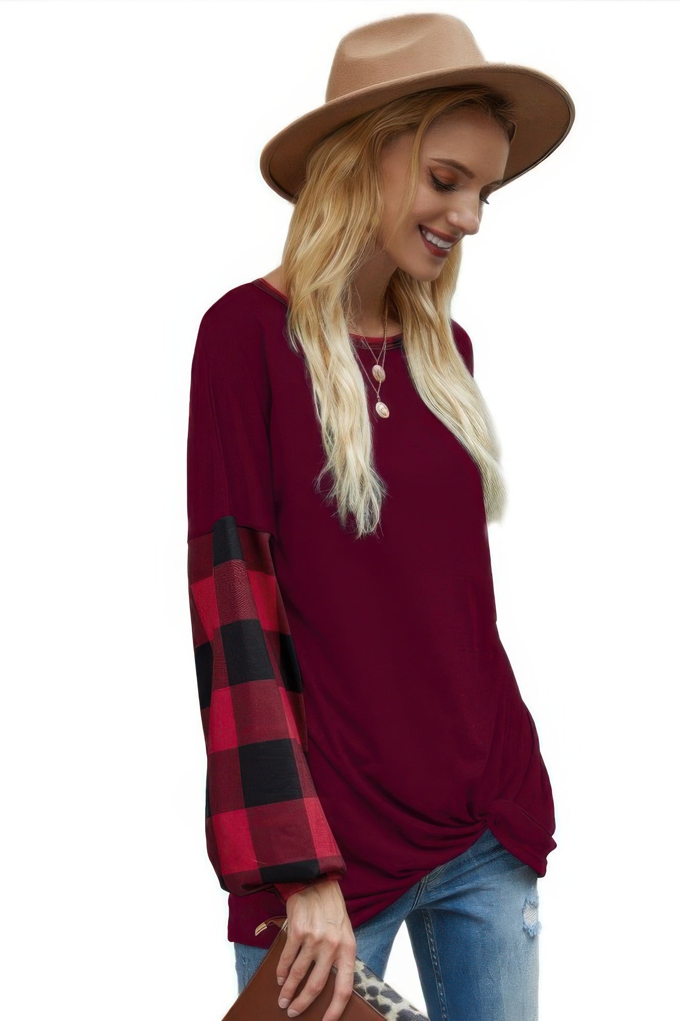 Round Neck Lantern Sleeve Patchwork Pullover - It's a Girly Place