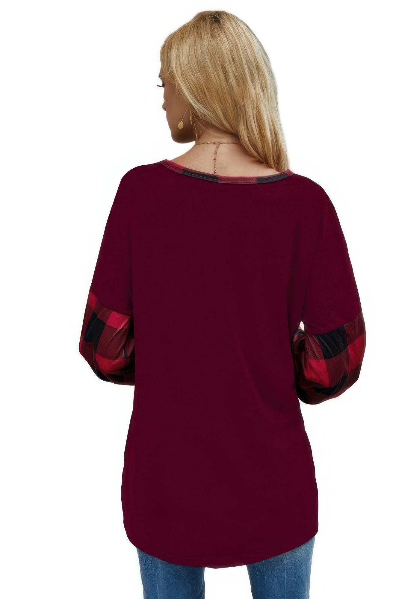 Round Neck Lantern Sleeve Patchwork Pullover - It's a Girly Place