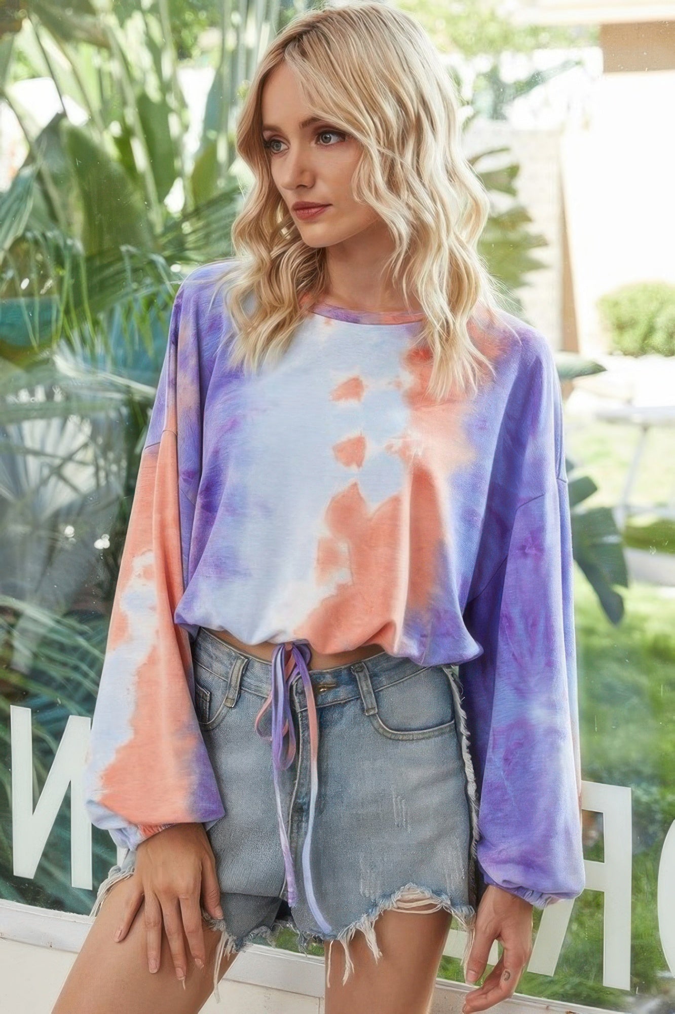 Round Neck Tie Dye Long Balloon Sleeve Top - It's a Girly Place