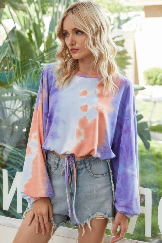 Round Neck Tie Dye Long Balloon Sleeve Top - It's a Girly Place