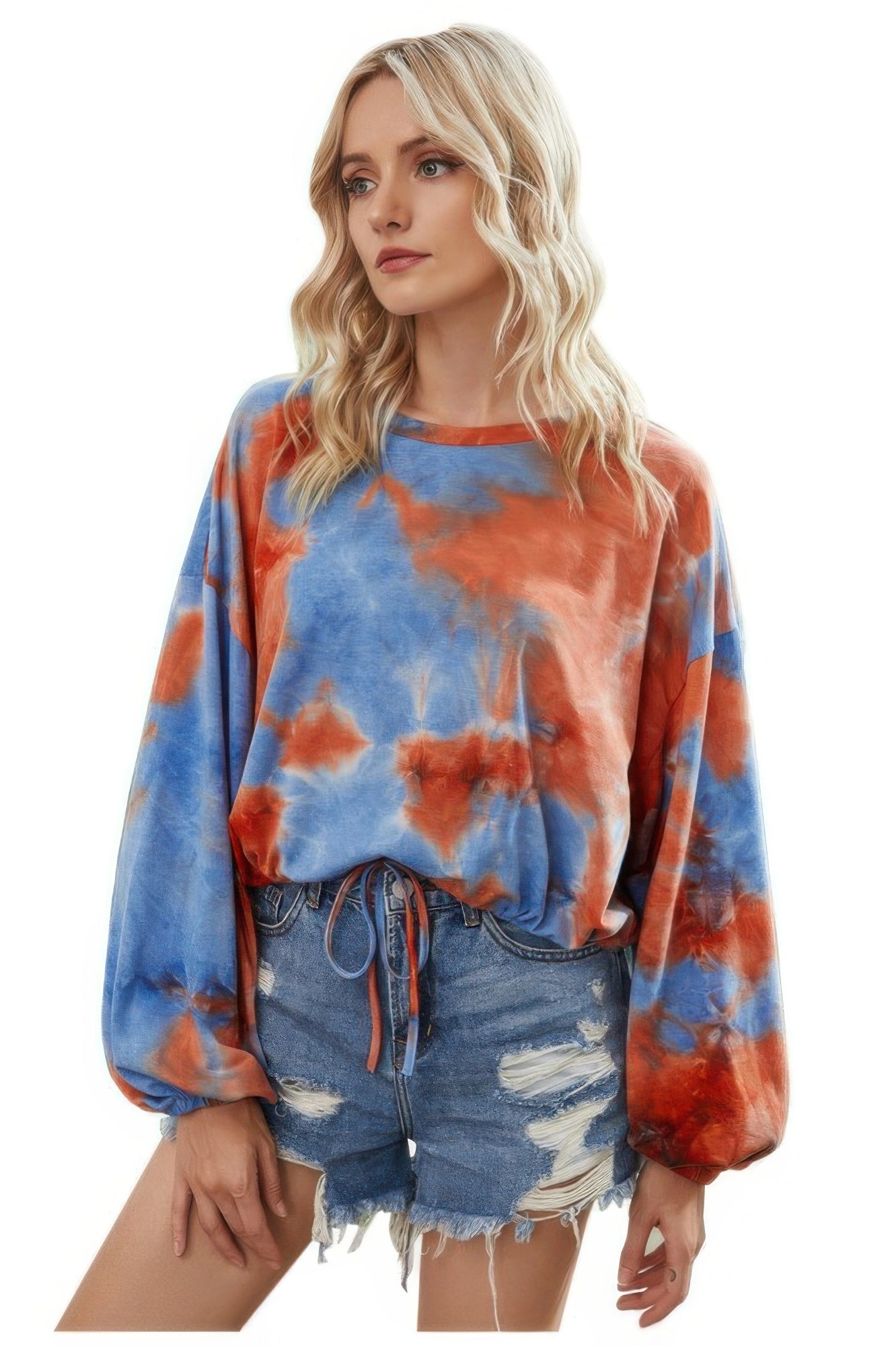 Round Neck Tie Dye Long Balloon Sleeve Top - It's a Girly Place