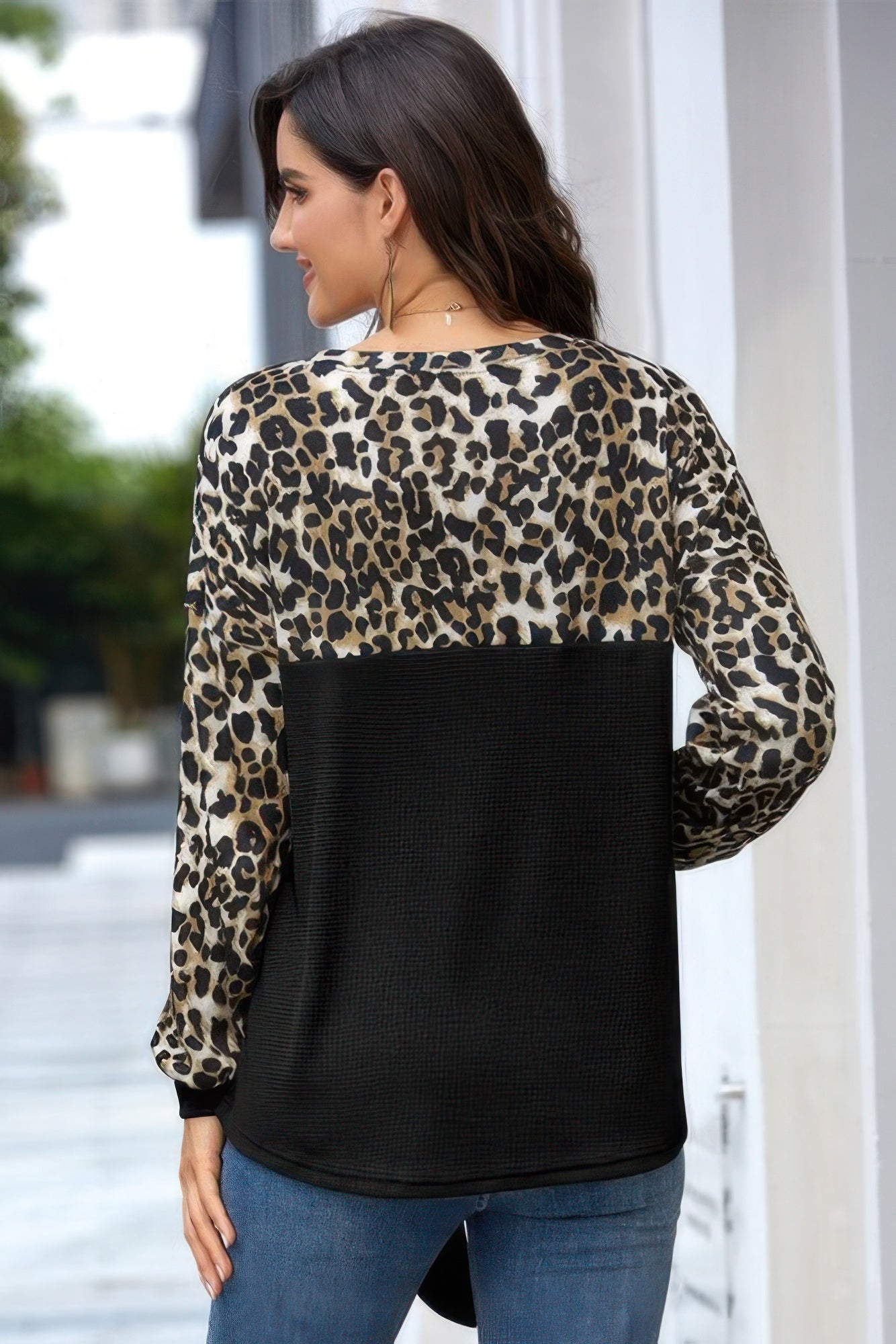 Leopard Stitching Bow Knit Crew Neck Loose Pullover - It's a Girly Place