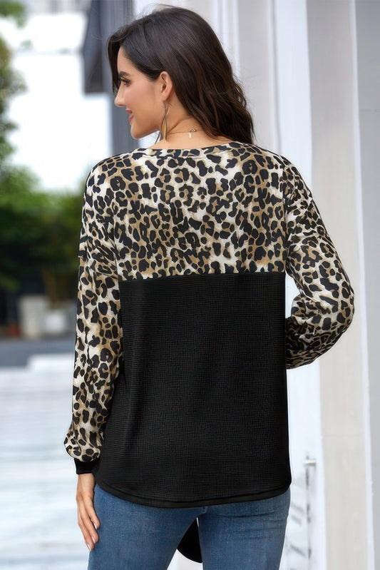 Leopard Stitching Bow Knit Crew Neck Loose Pullover - It's a Girly Place