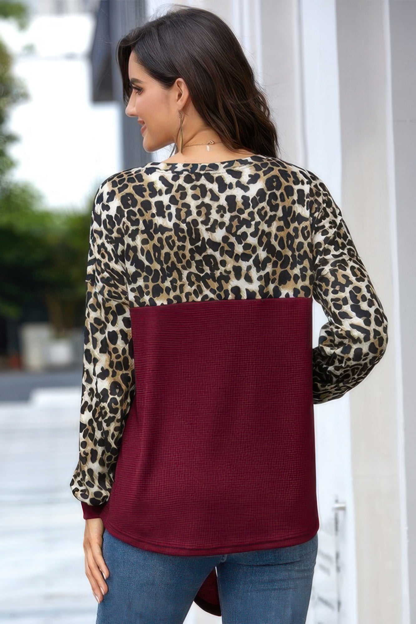 Leopard Stitching Bow Knit Crew Neck Loose Pullover - It's a Girly Place