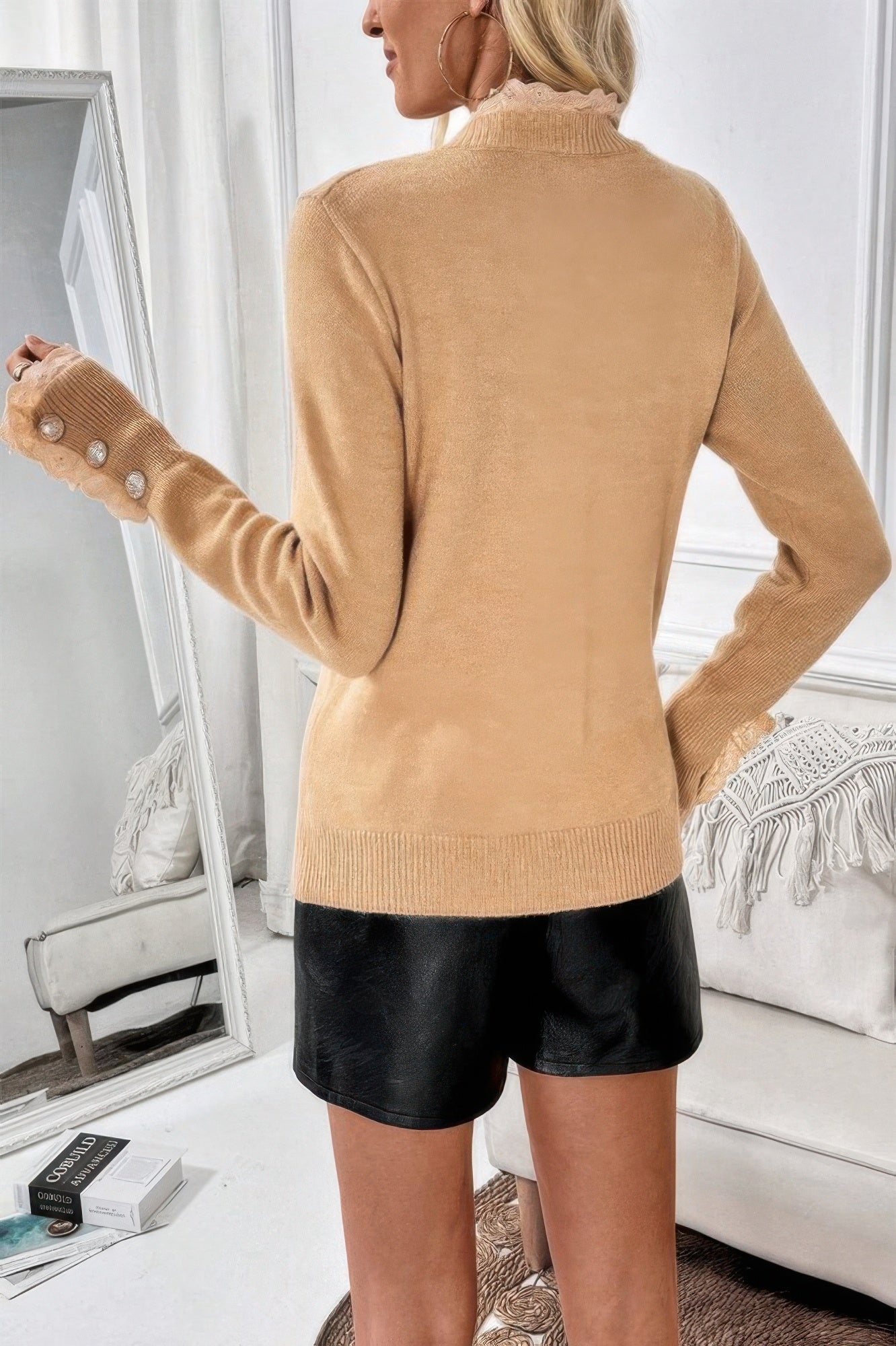 Solid Crew Neck Lace Trim Button Pullover Sweater - It's a Girly Place